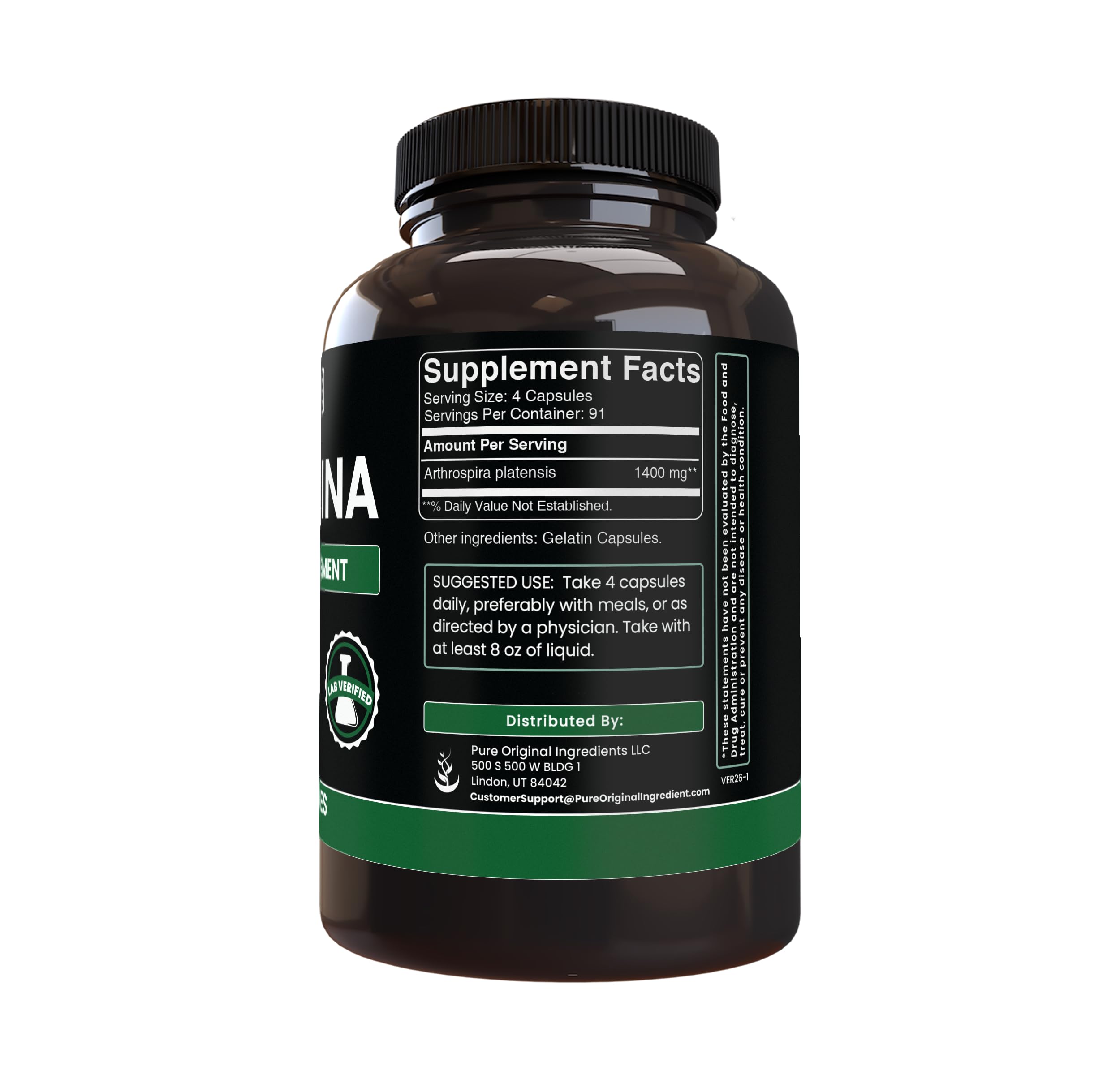 PURE ORIGINAL INGREDIENTS Spirulina Capsules back view with ingredients