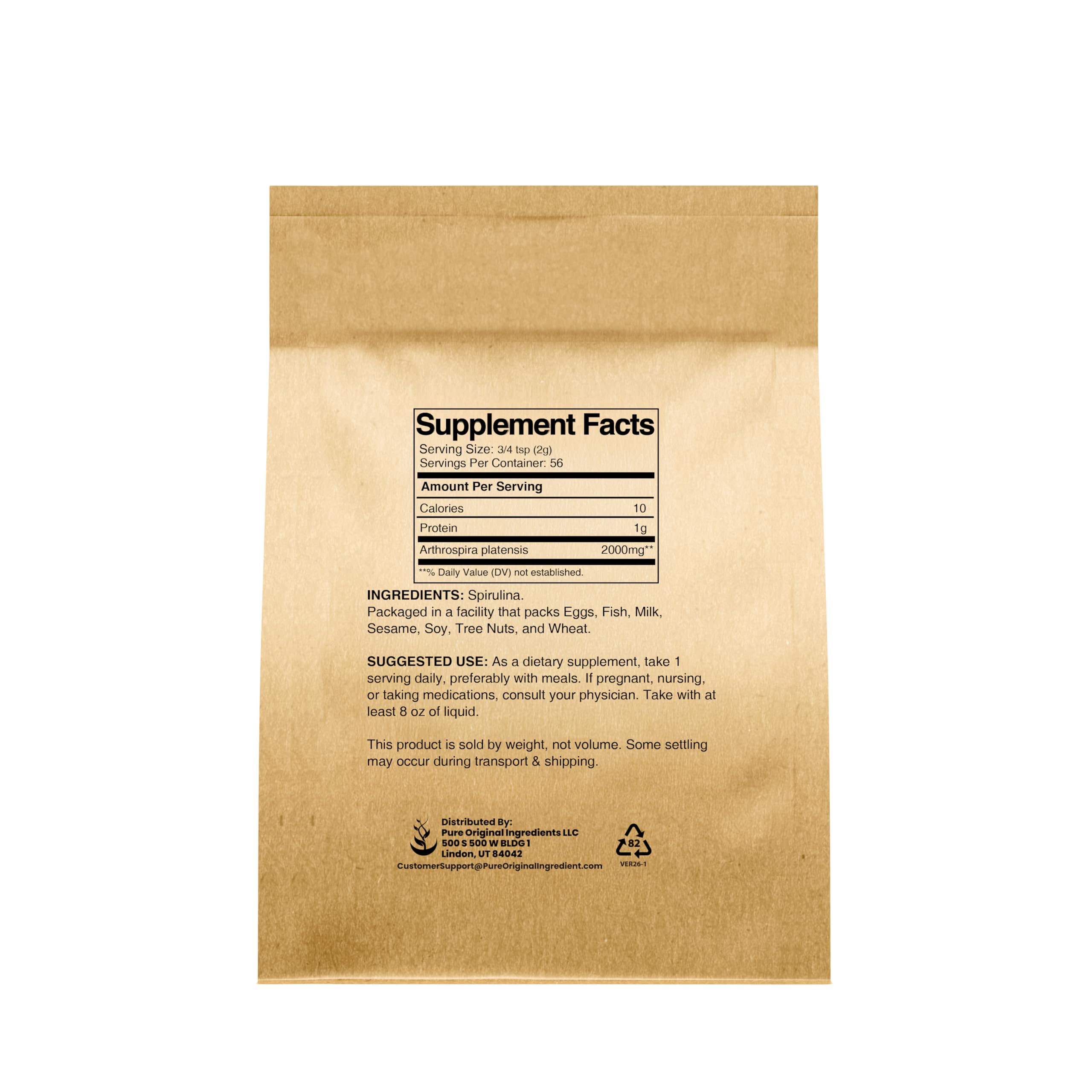 PURE ORIGINAL INGREDIENTS Spirulina Powder packaging details