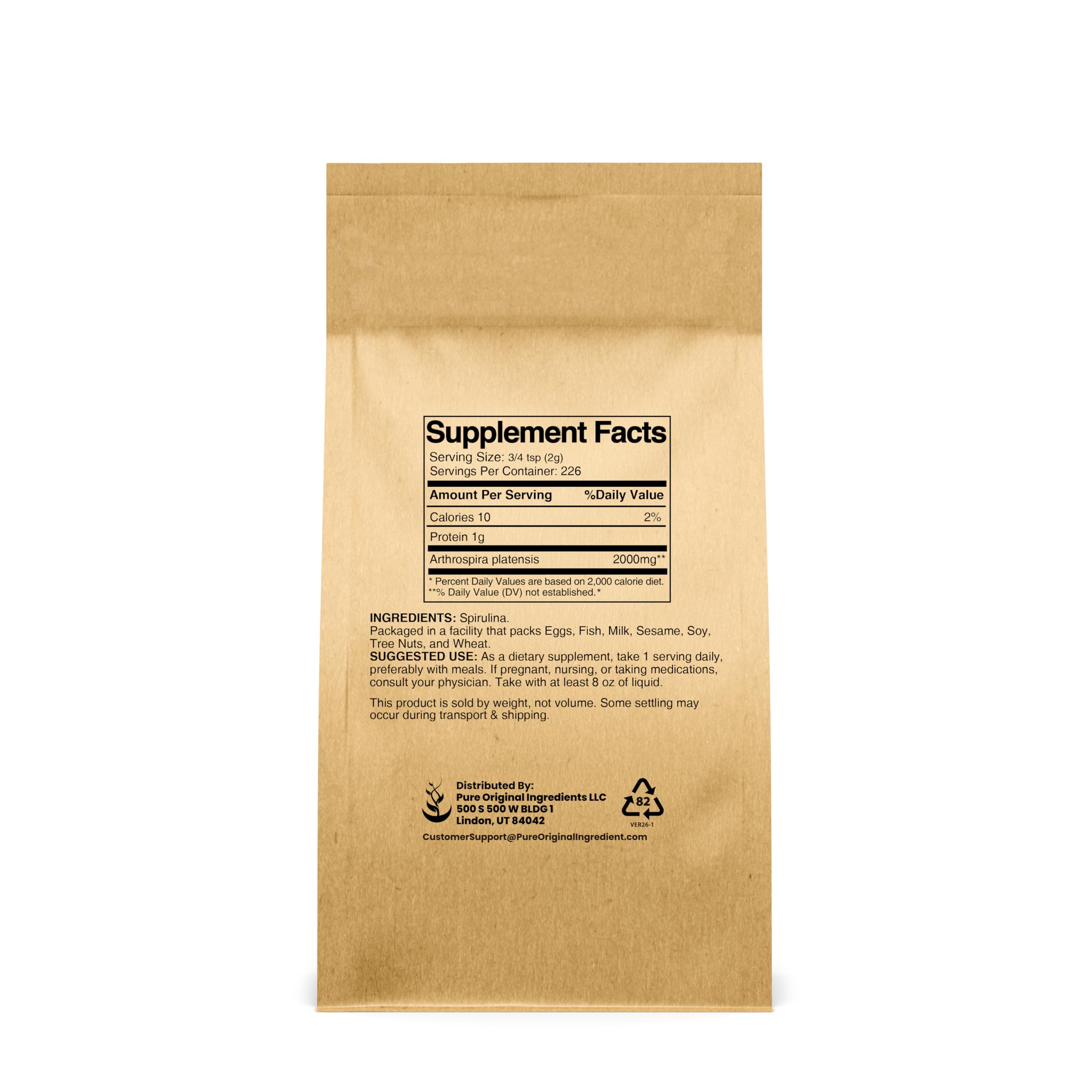 PURE ORIGINAL INGREDIENTS Spirulina Powder packaging side view