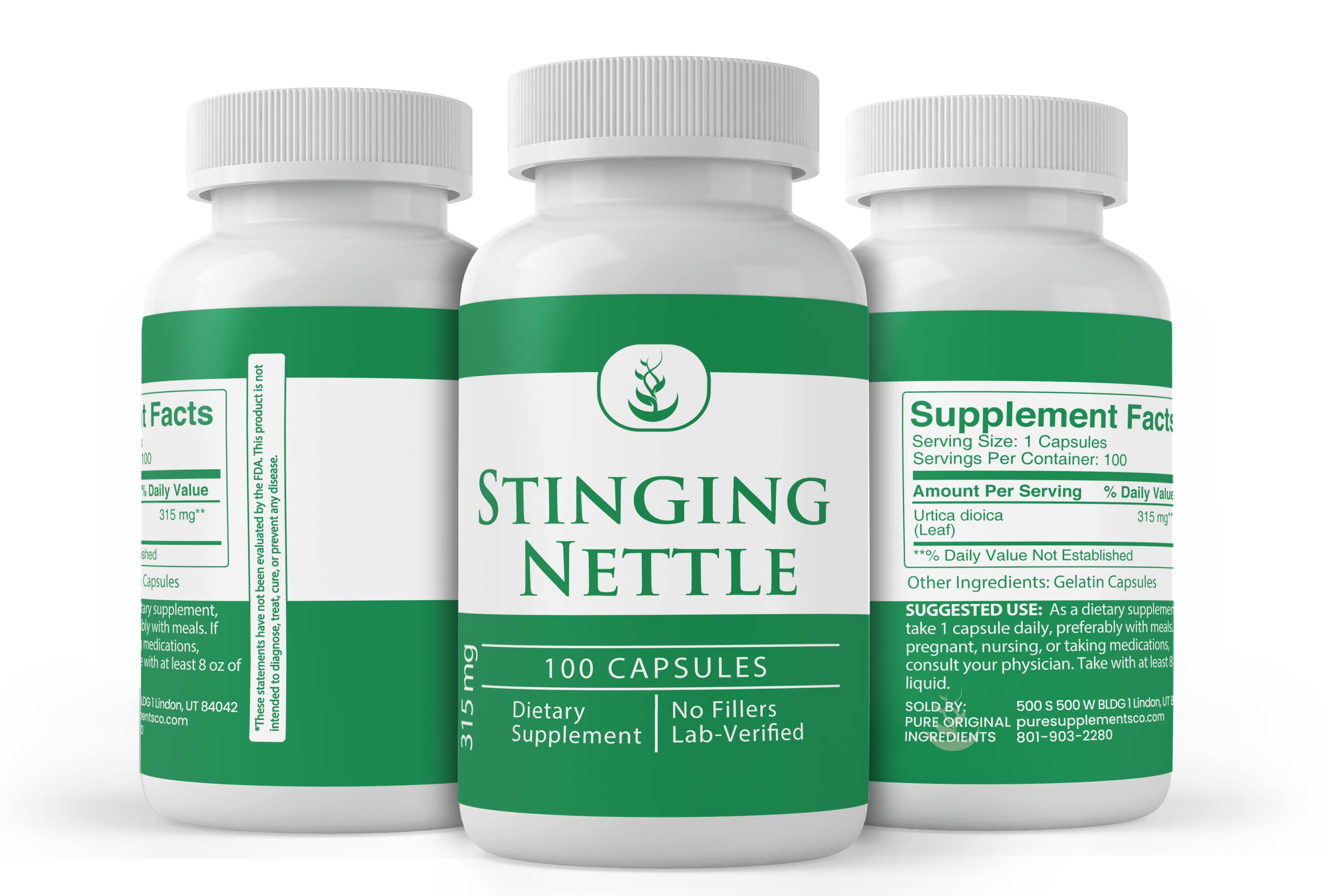 PURE ORIGINAL INGREDIENTS Stinging Nettle Capsules on a wooden surface