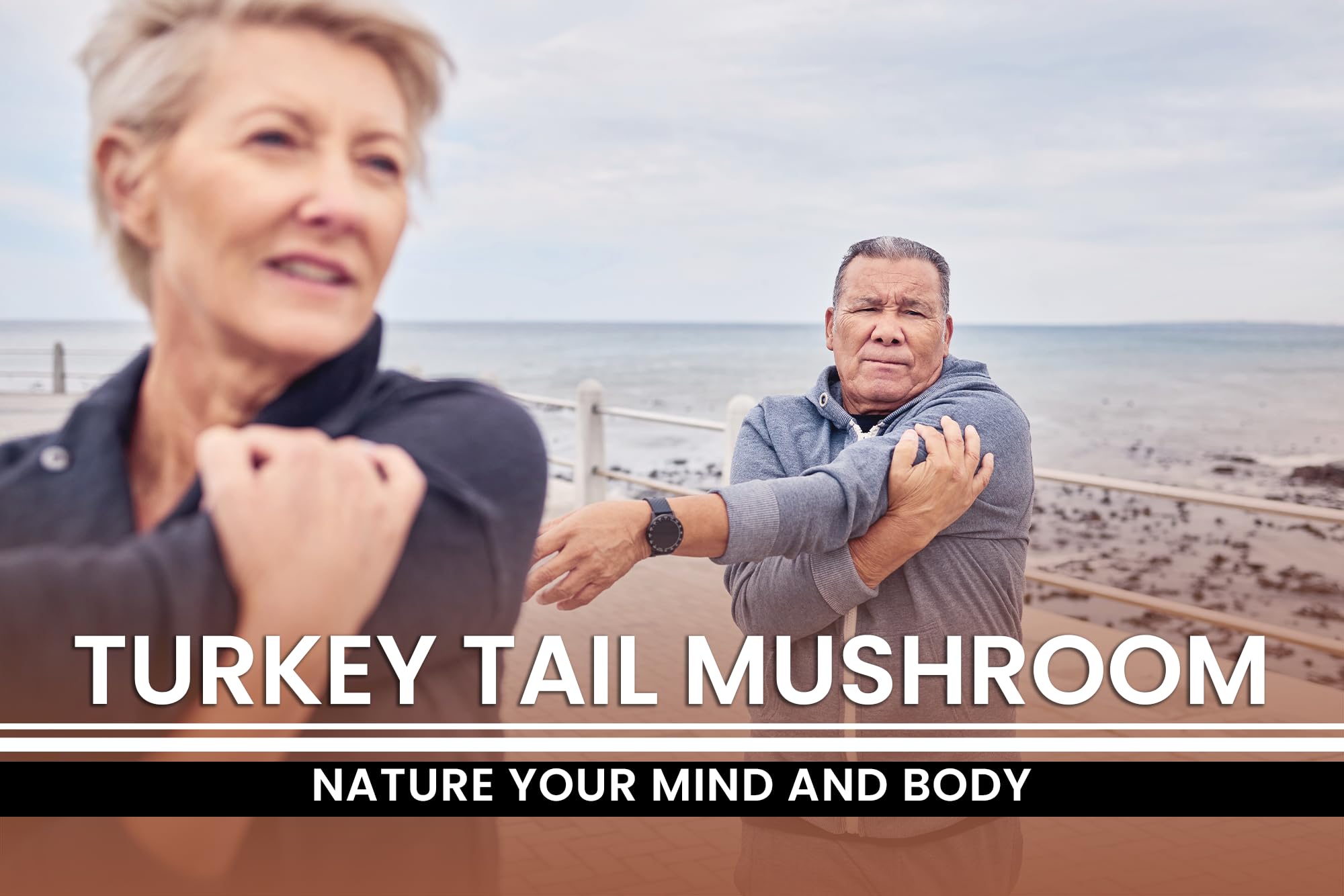 PURE ORIGINAL INGREDIENTS Turkey Tail Mushroom Capsules on a wooden table