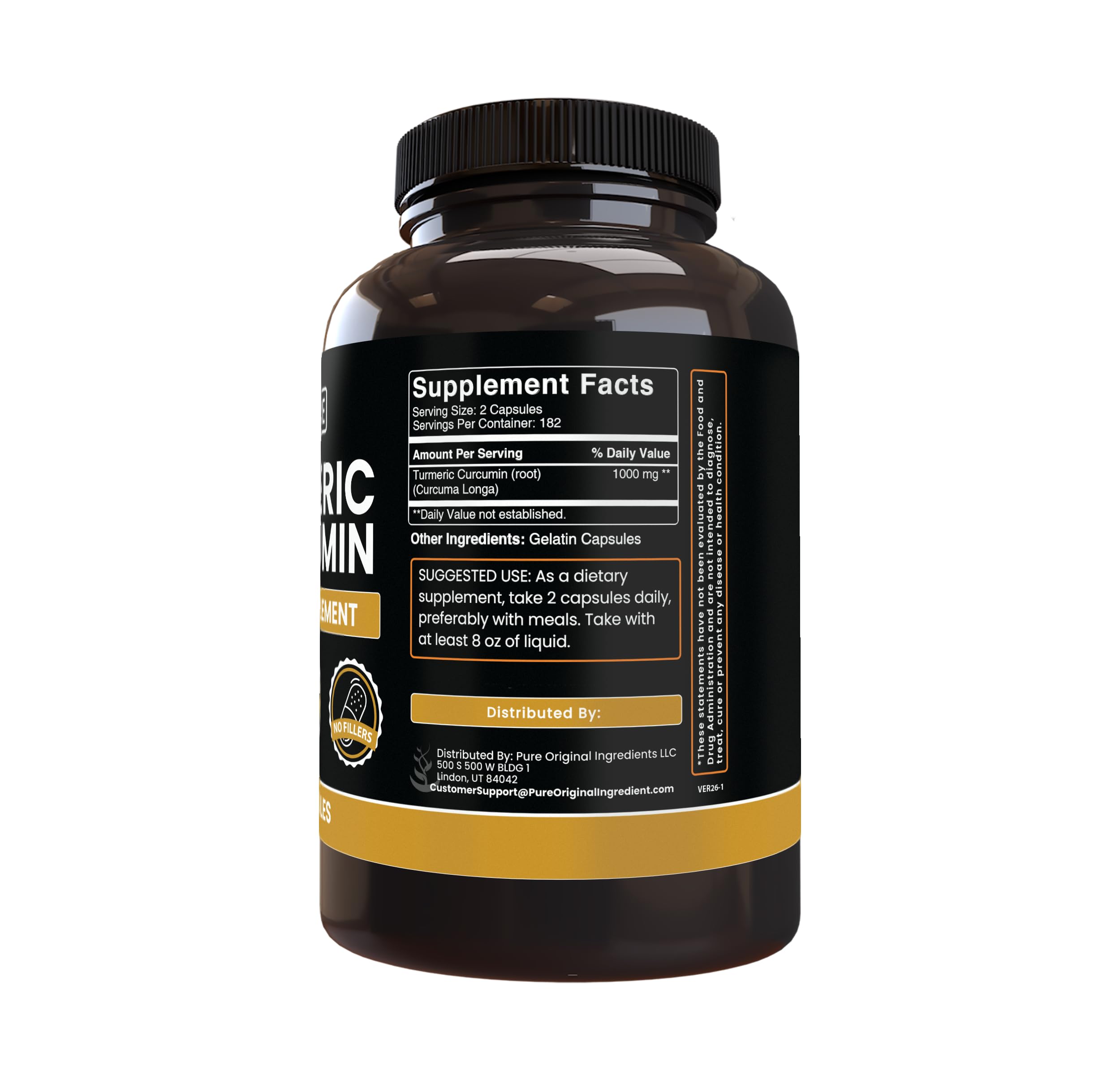 PURE ORIGINAL INGREDIENTS Turmeric Curcumin 365 Capsules side view