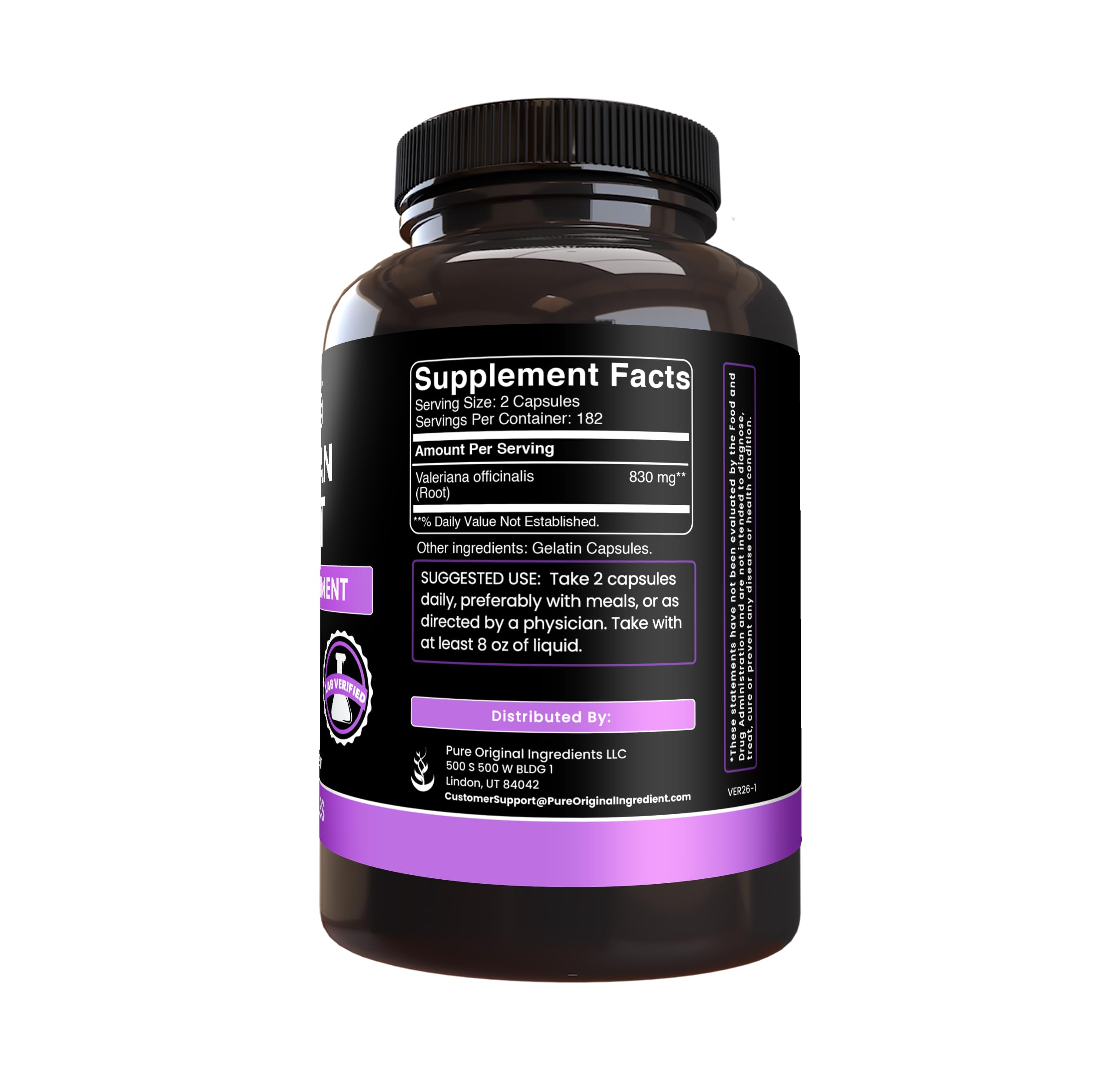 PURE ORIGINAL INGREDIENTS Valerian Root Capsules label close-up