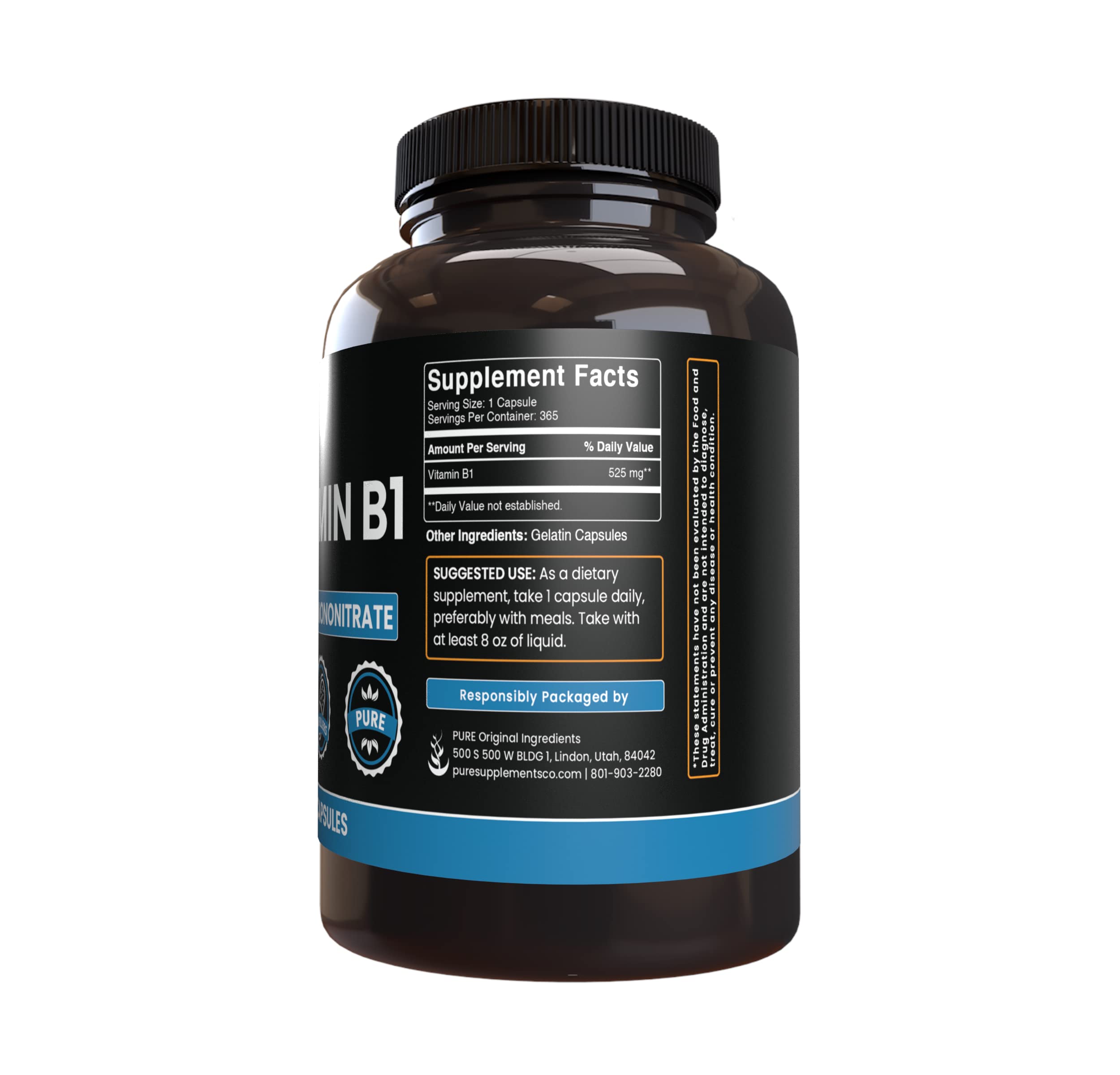 PURE ORIGINAL INGREDIENTS Vitamin B1 Capsules bottle with label