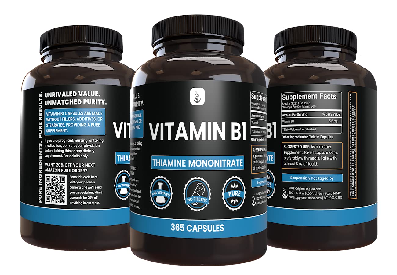 PURE ORIGINAL INGREDIENTS Vitamin B1 Capsules on a wooden table