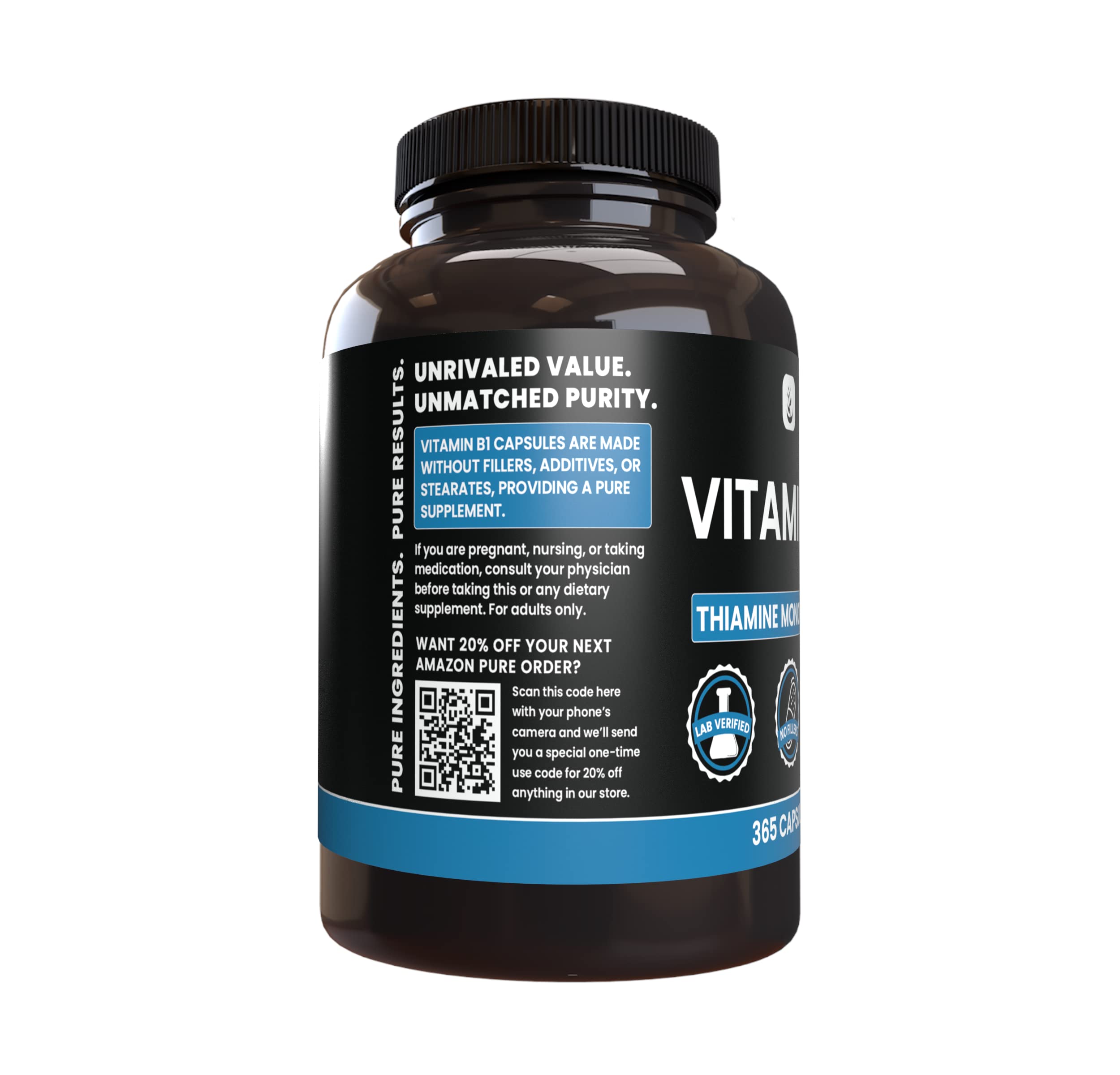 PURE ORIGINAL INGREDIENTS Vitamin B1 Capsules side view