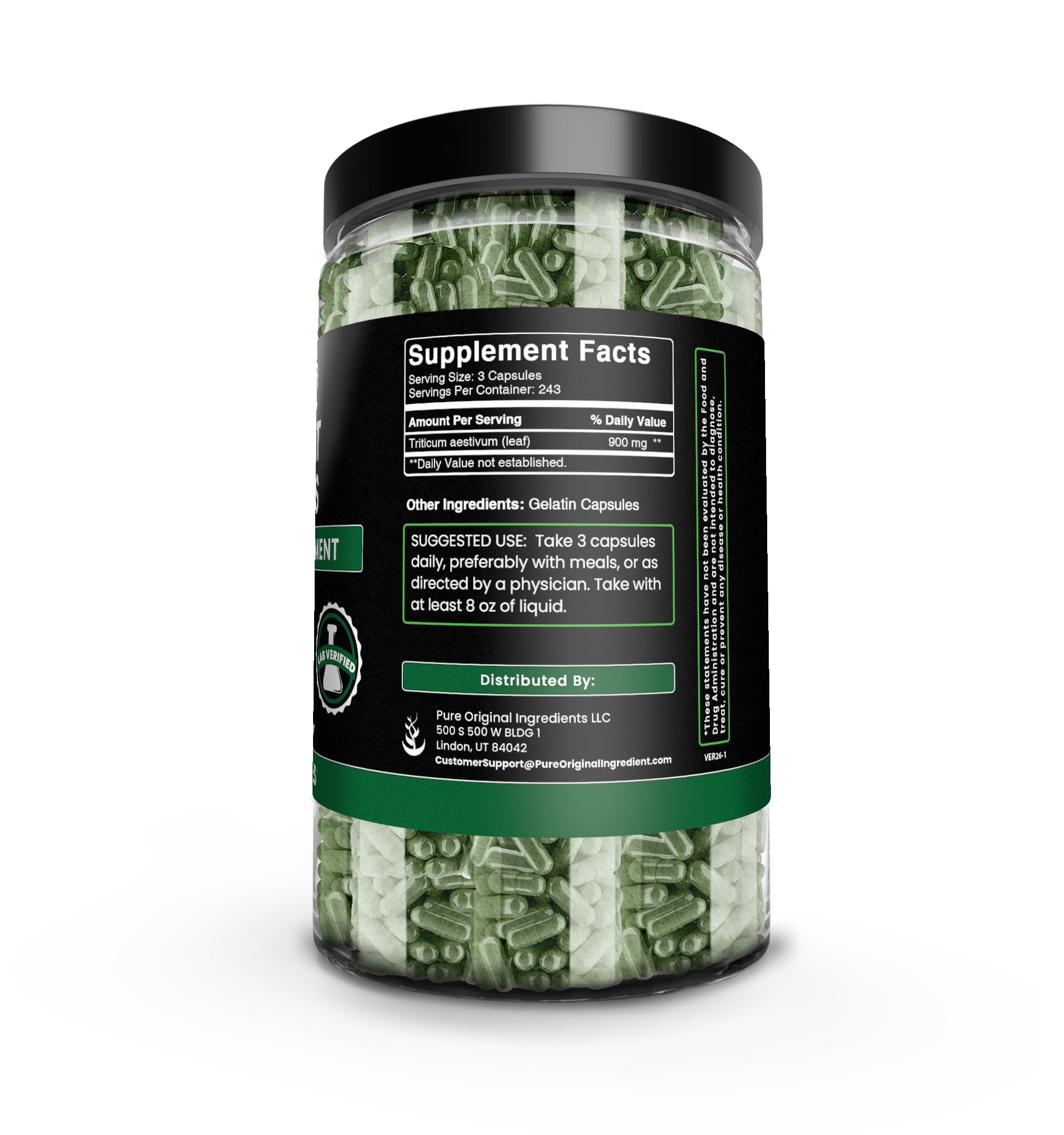 PURE ORIGINAL INGREDIENTS Wheat Grass Capsules bottle with label