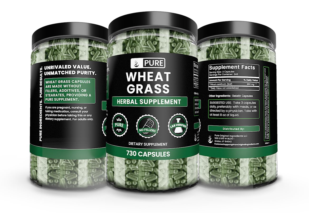 PURE ORIGINAL INGREDIENTS Wheat Grass Capsules close-up of capsules