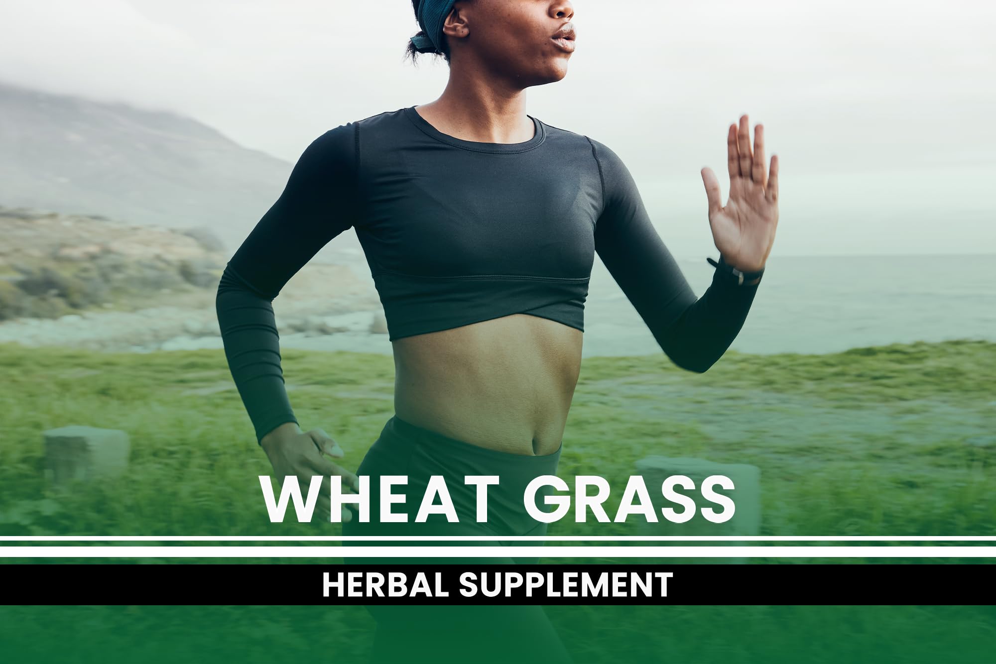 PURE ORIGINAL INGREDIENTS Wheat Grass Capsules on a wooden table