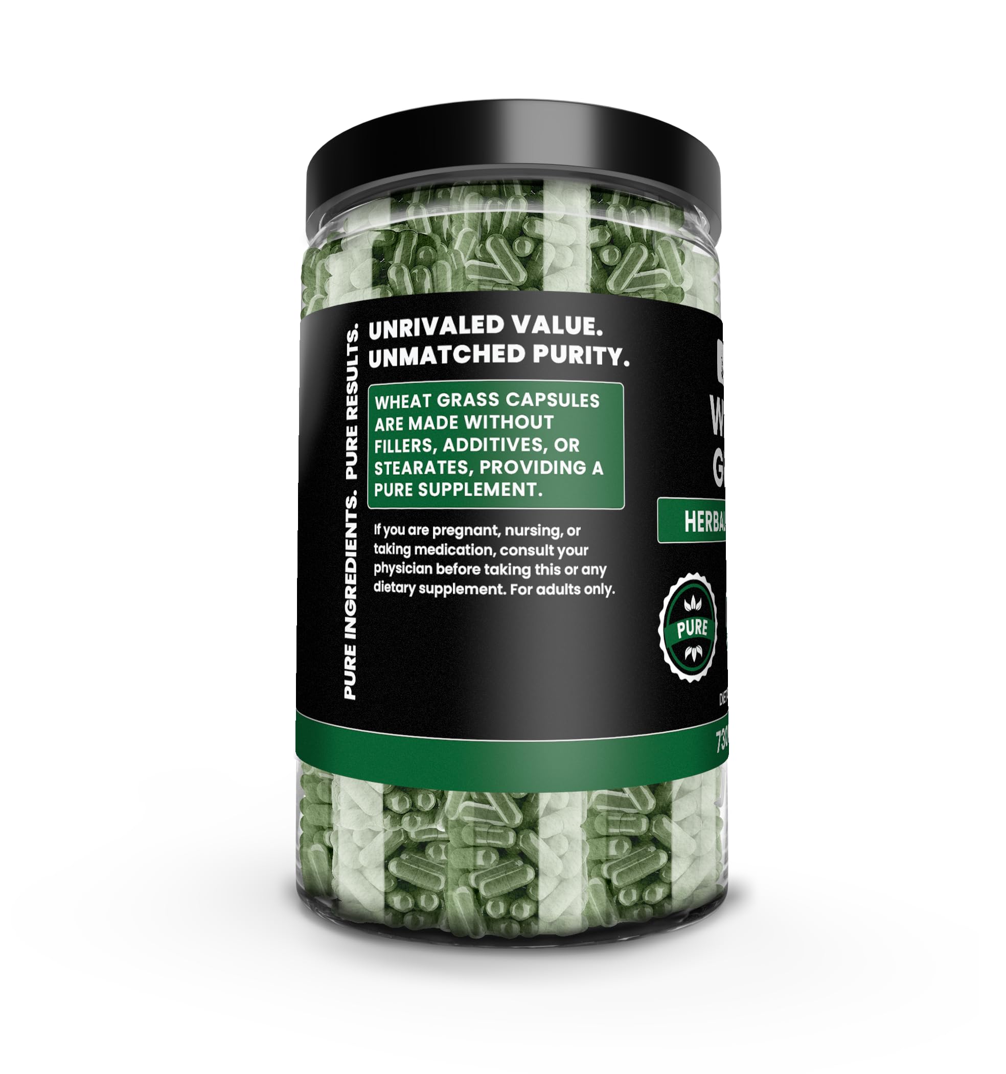 PURE ORIGINAL INGREDIENTS Wheat Grass Capsules side view