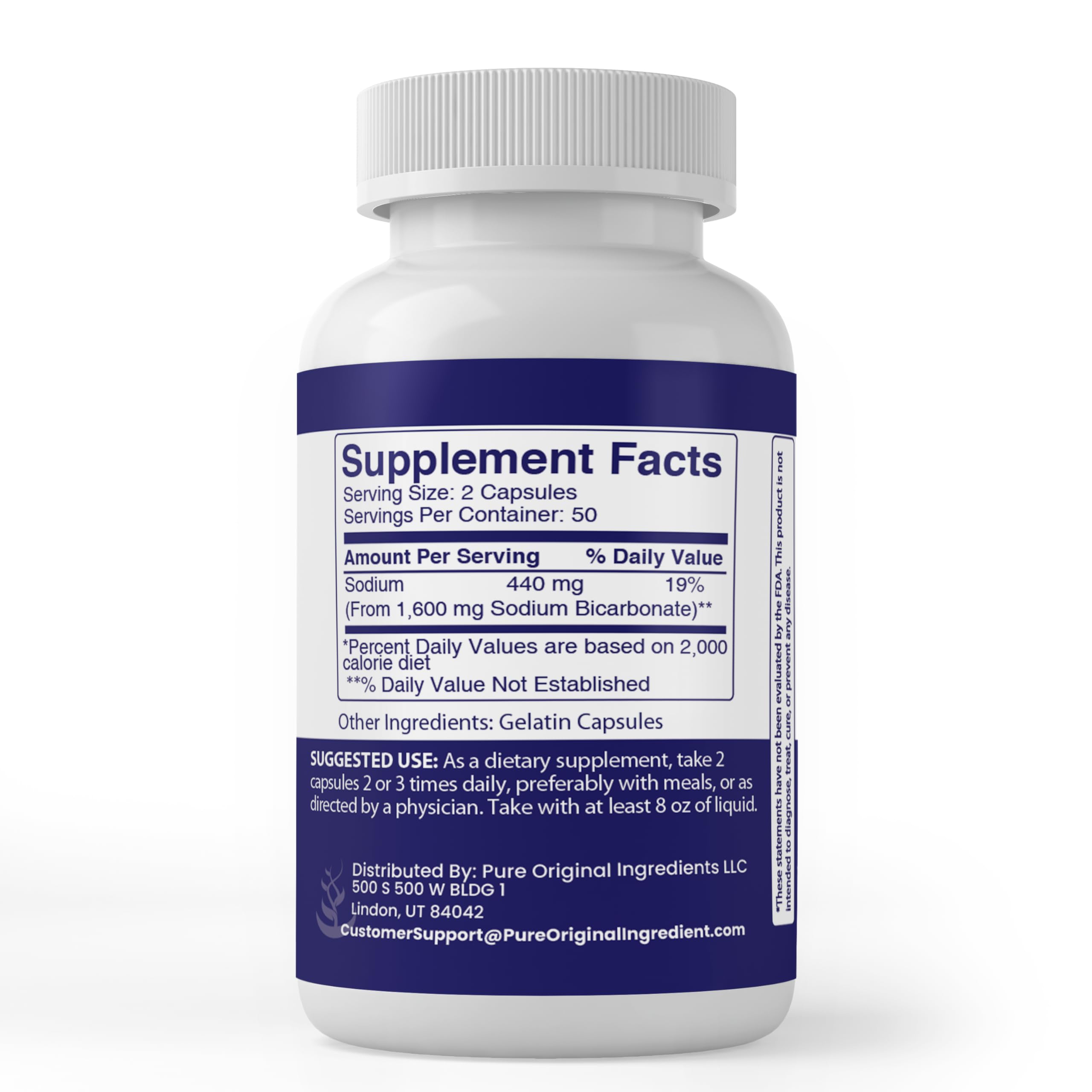 PURE Sodium Bicarbonate Capsules back label with ingredients