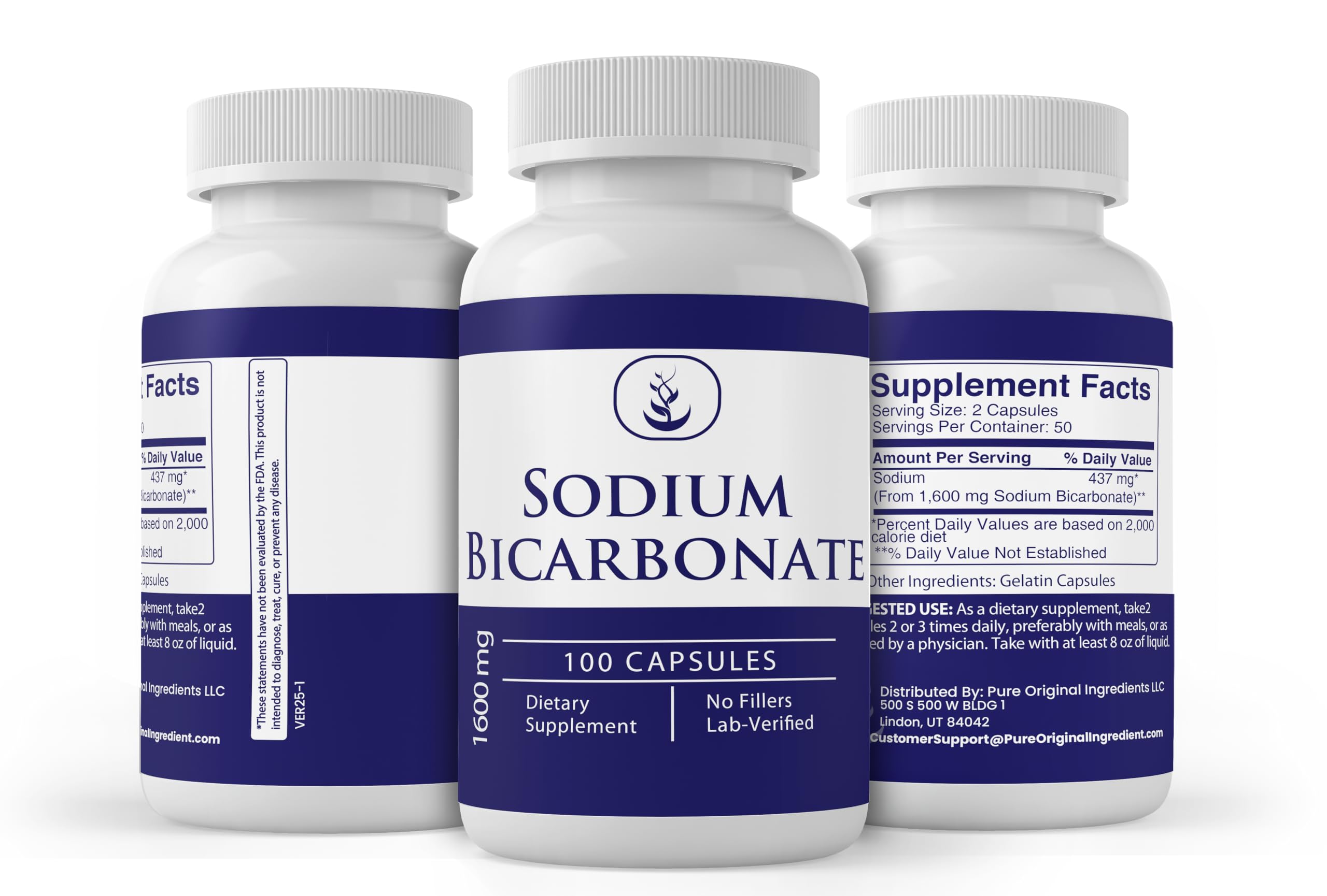 PURE Sodium Bicarbonate Capsules packaging dimensions