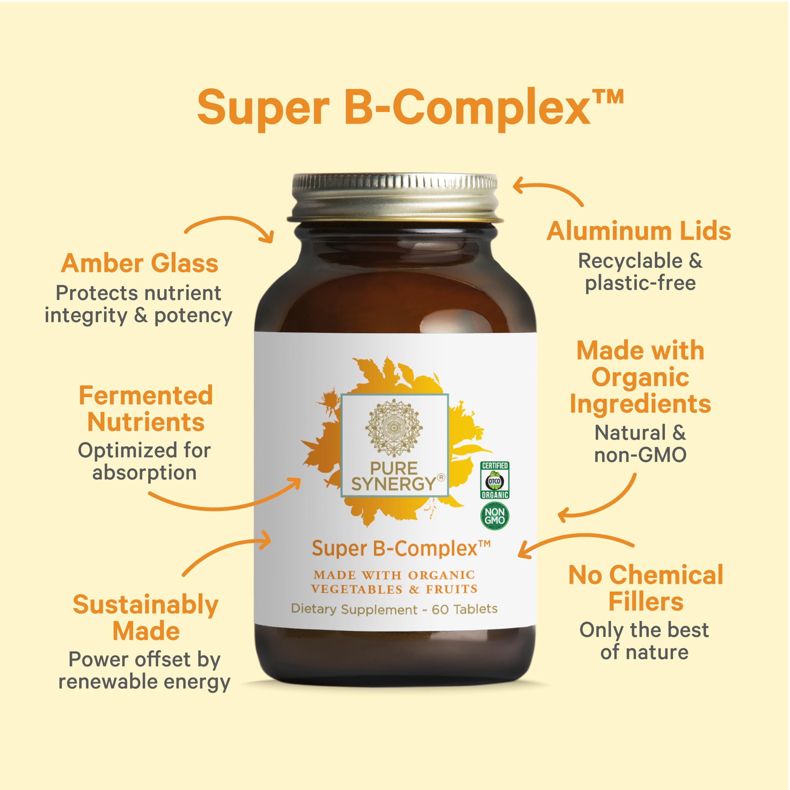 PURE SYNERGY B-Complex Vitamins 60 tablets on a wooden table