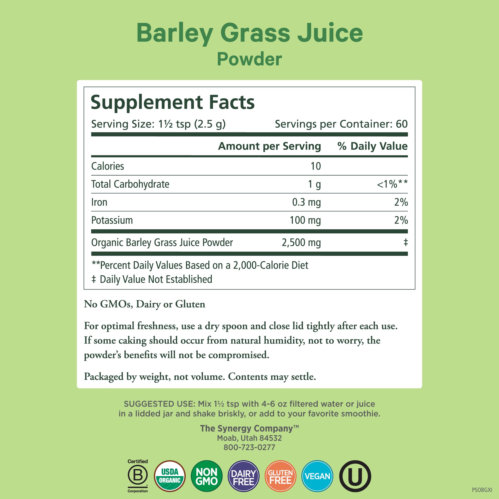PURE SYNERGY Barley Grass Juice Powder 5.3 oz back view