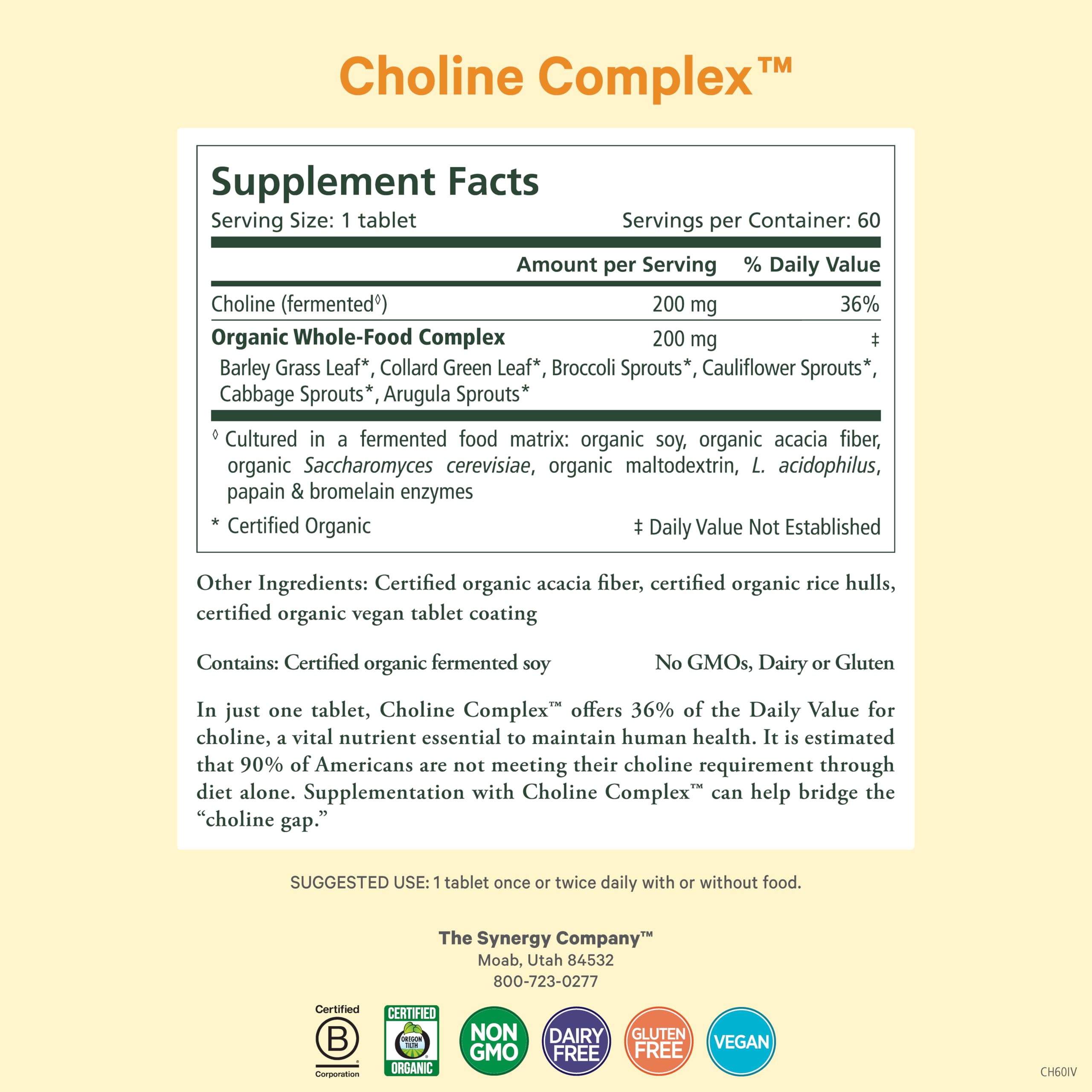 PURE SYNERGY Complete Choline Complex 60 tablets side view