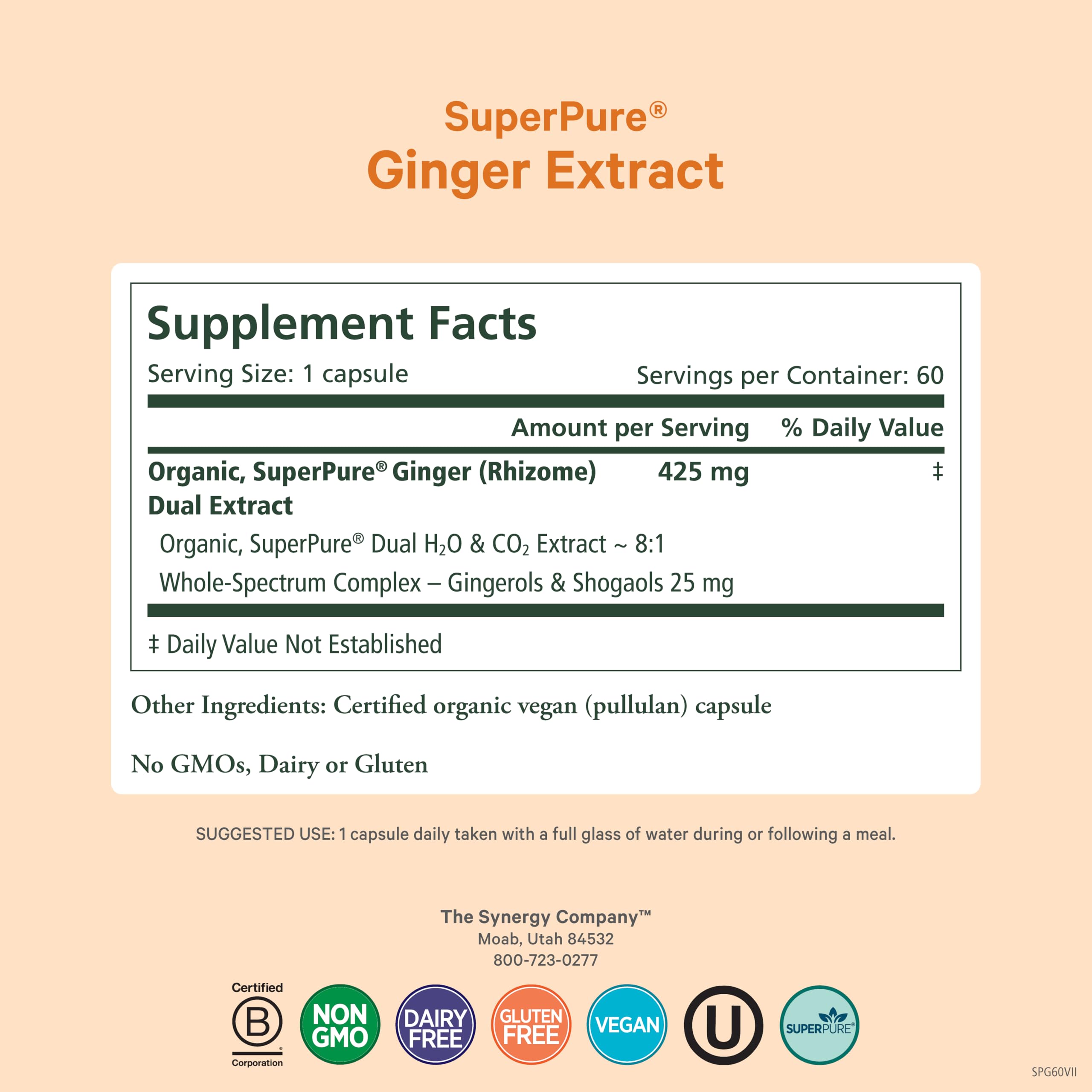 PURE SYNERGY Ginger Root Capsules 60 Count side view