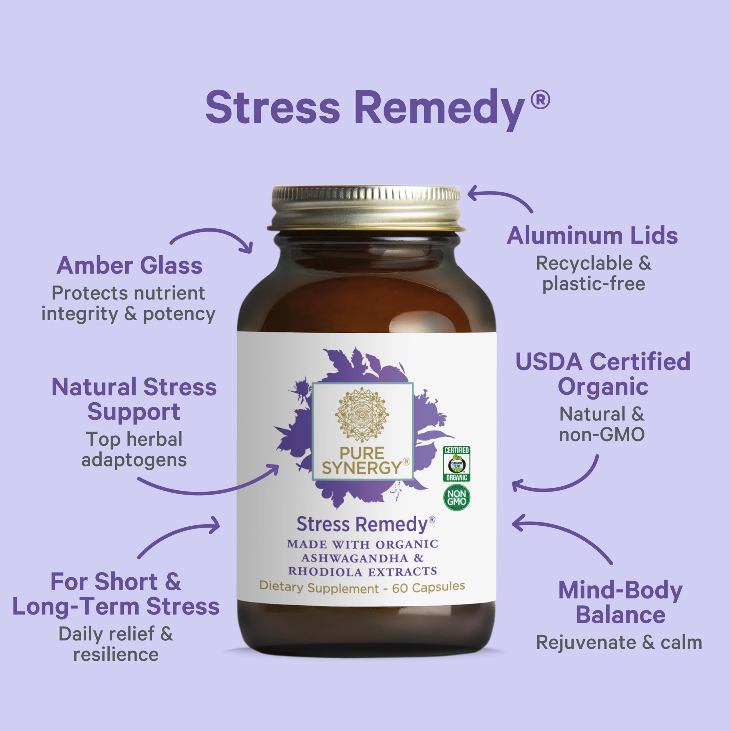 PURE SYNERGY Organic Ashwagandha 600mg capsules bottle with label