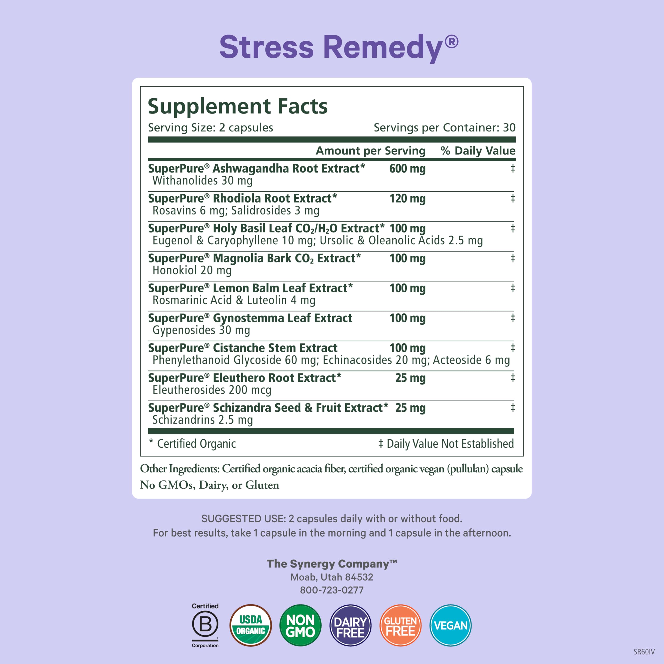 PURE SYNERGY Organic Ashwagandha 600mg capsules side view