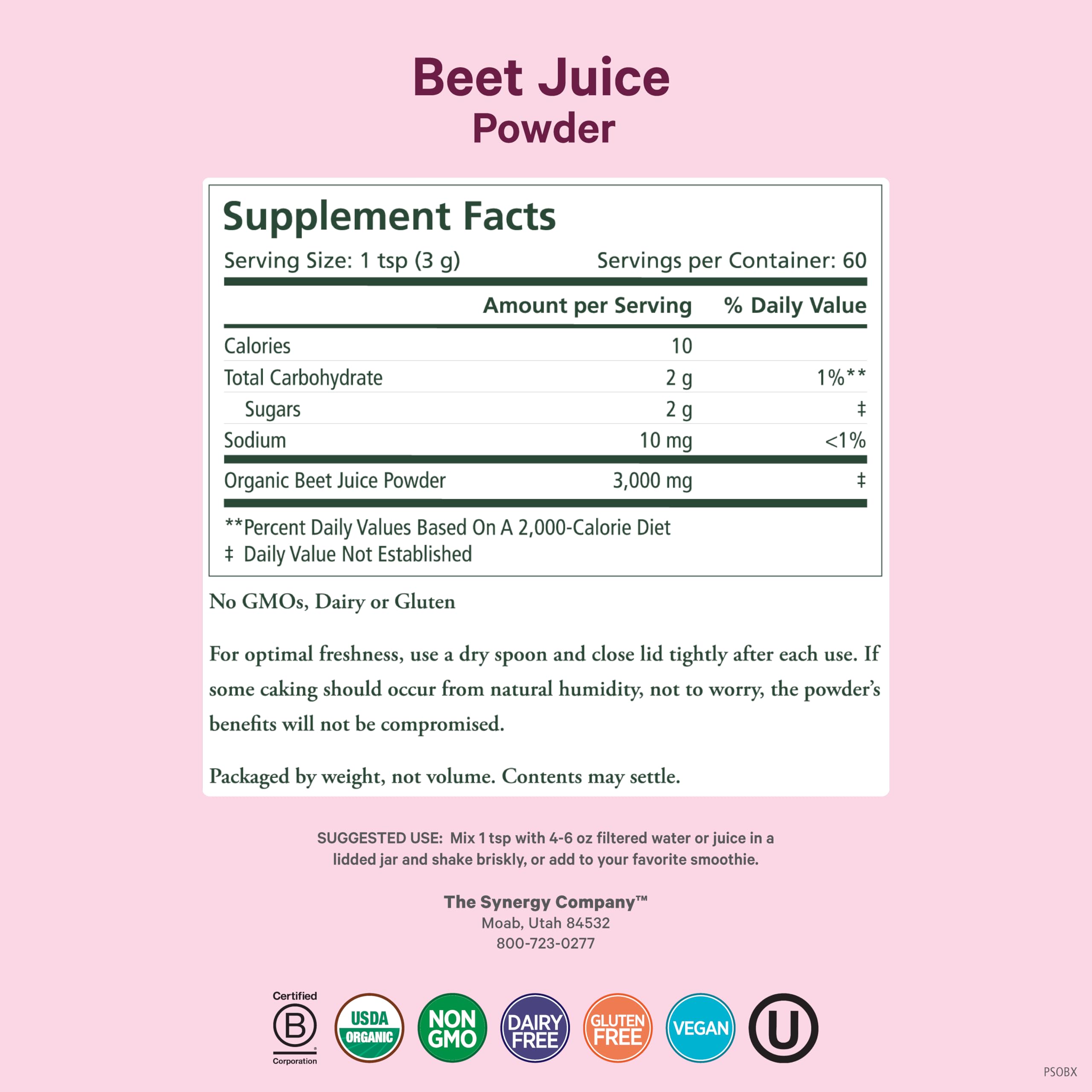 PURE SYNERGY Organic Beet Juice Powder 6.4oz packaging