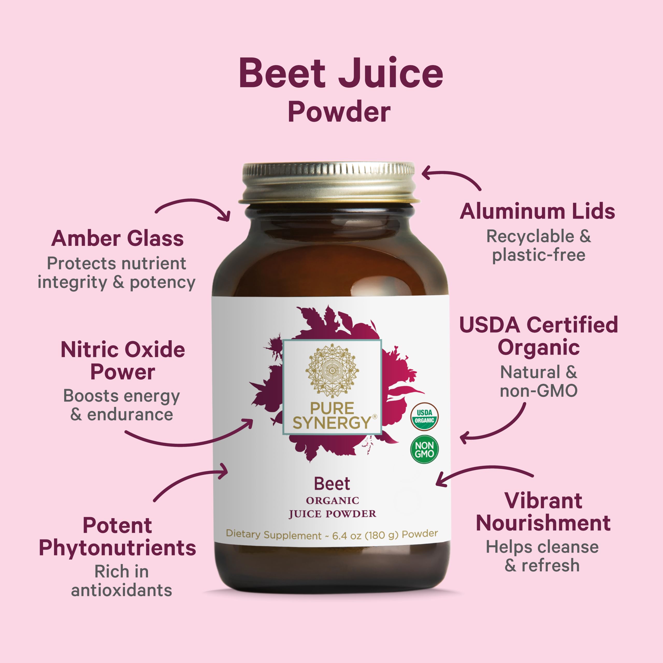 PURE SYNERGY Organic Beet Juice Powder 6.4oz with scoop