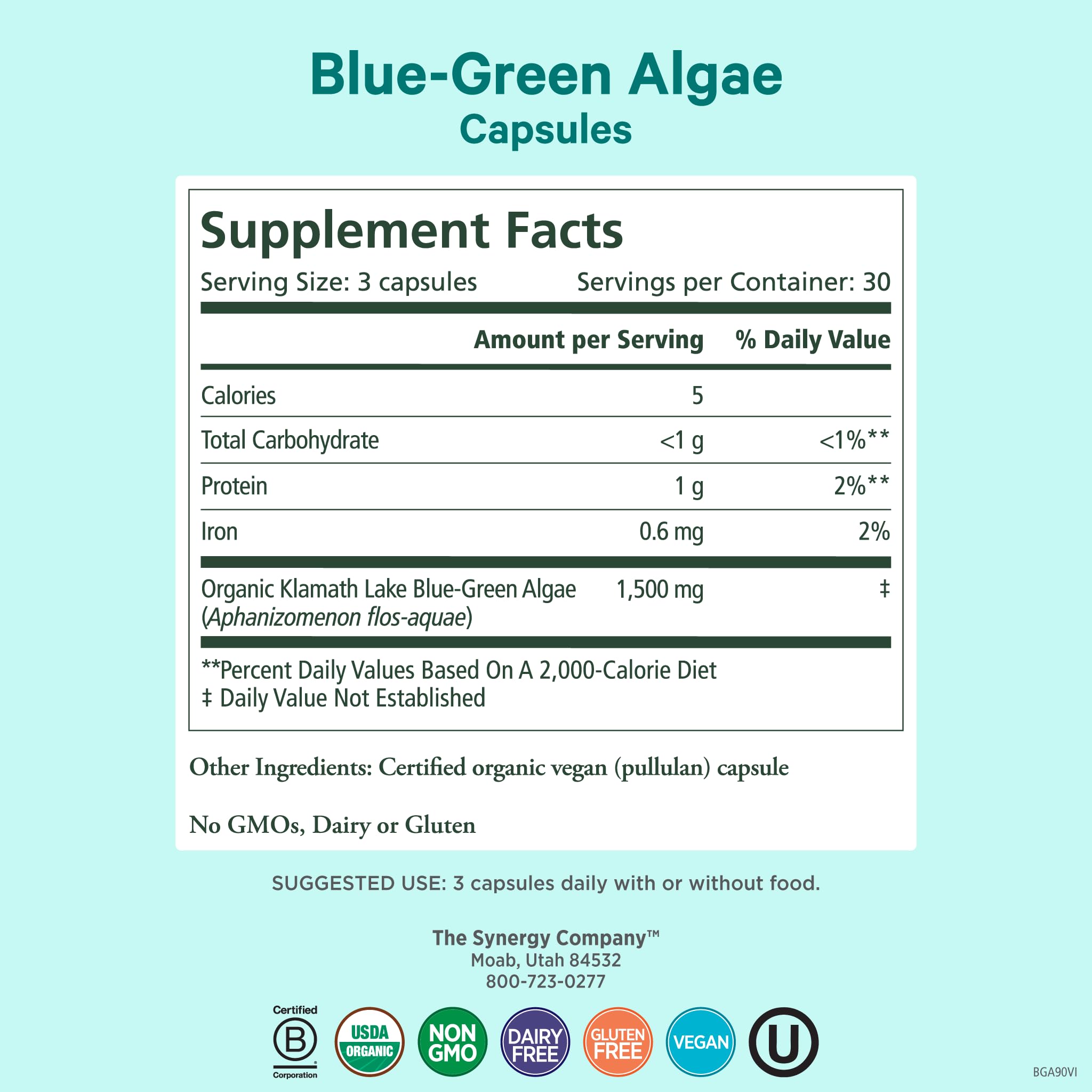 PURE SYNERGY Organic Blue Green Algae Capsules side view