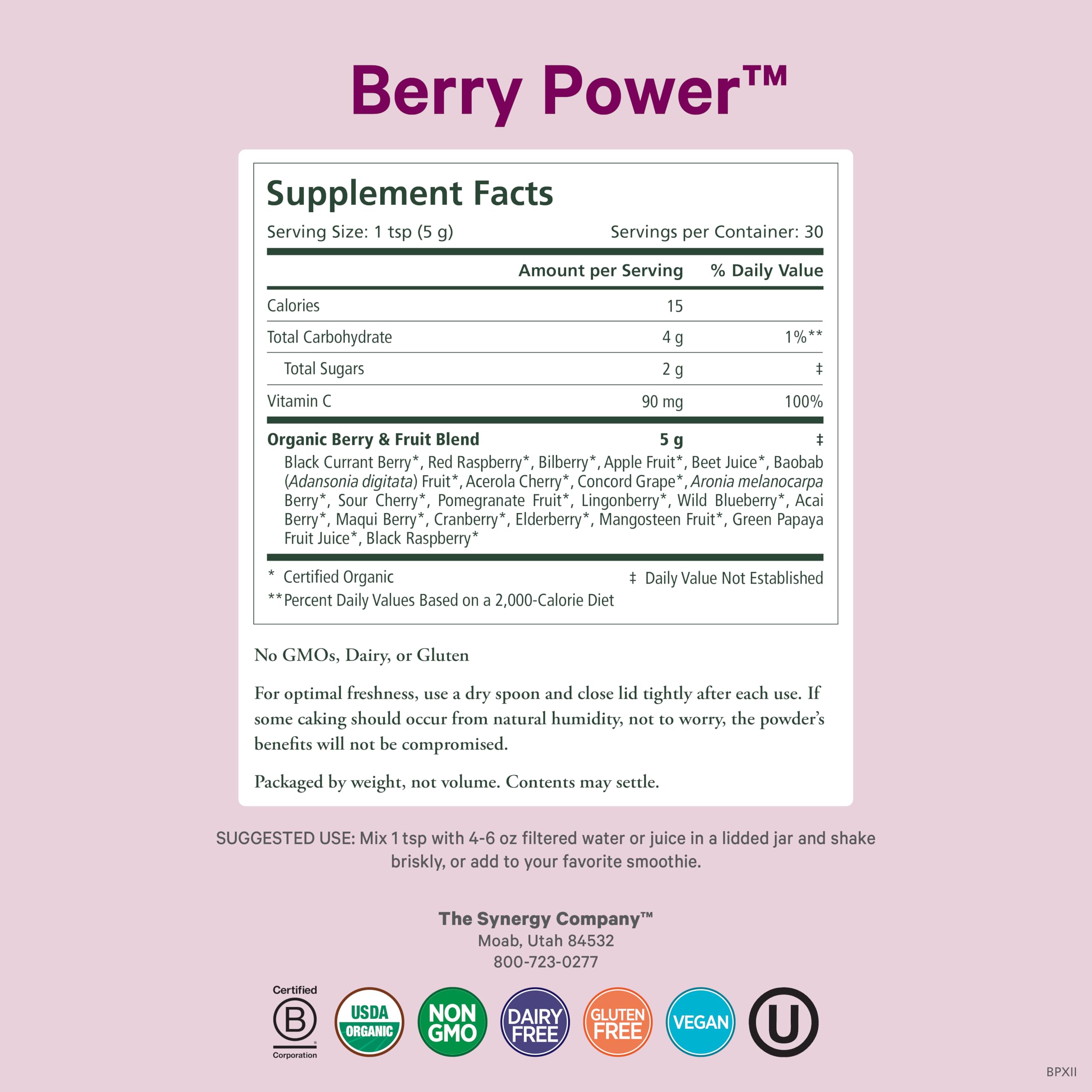 PURE SYNERGY Organic Superfruit Blend 150g bottle side view
