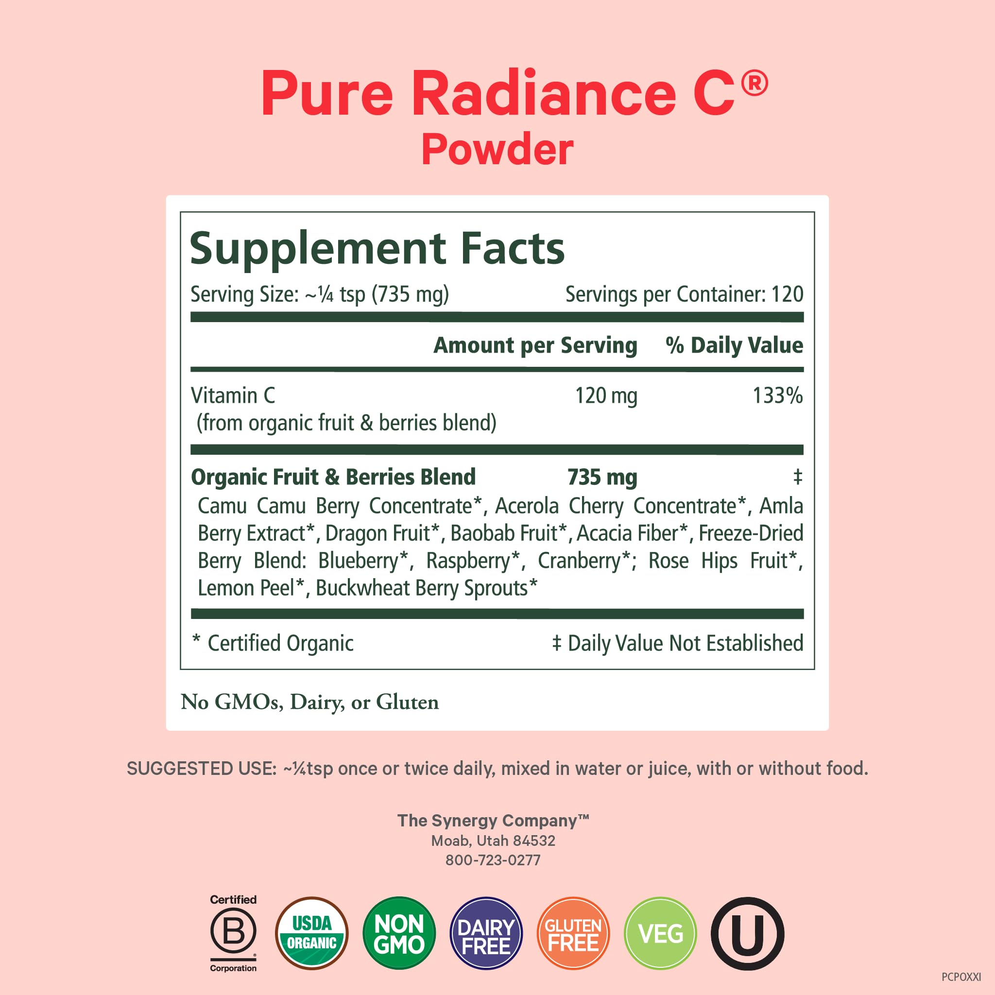 PURE SYNERGY Organic Vitamin C Powder 120g back view with ingredients
