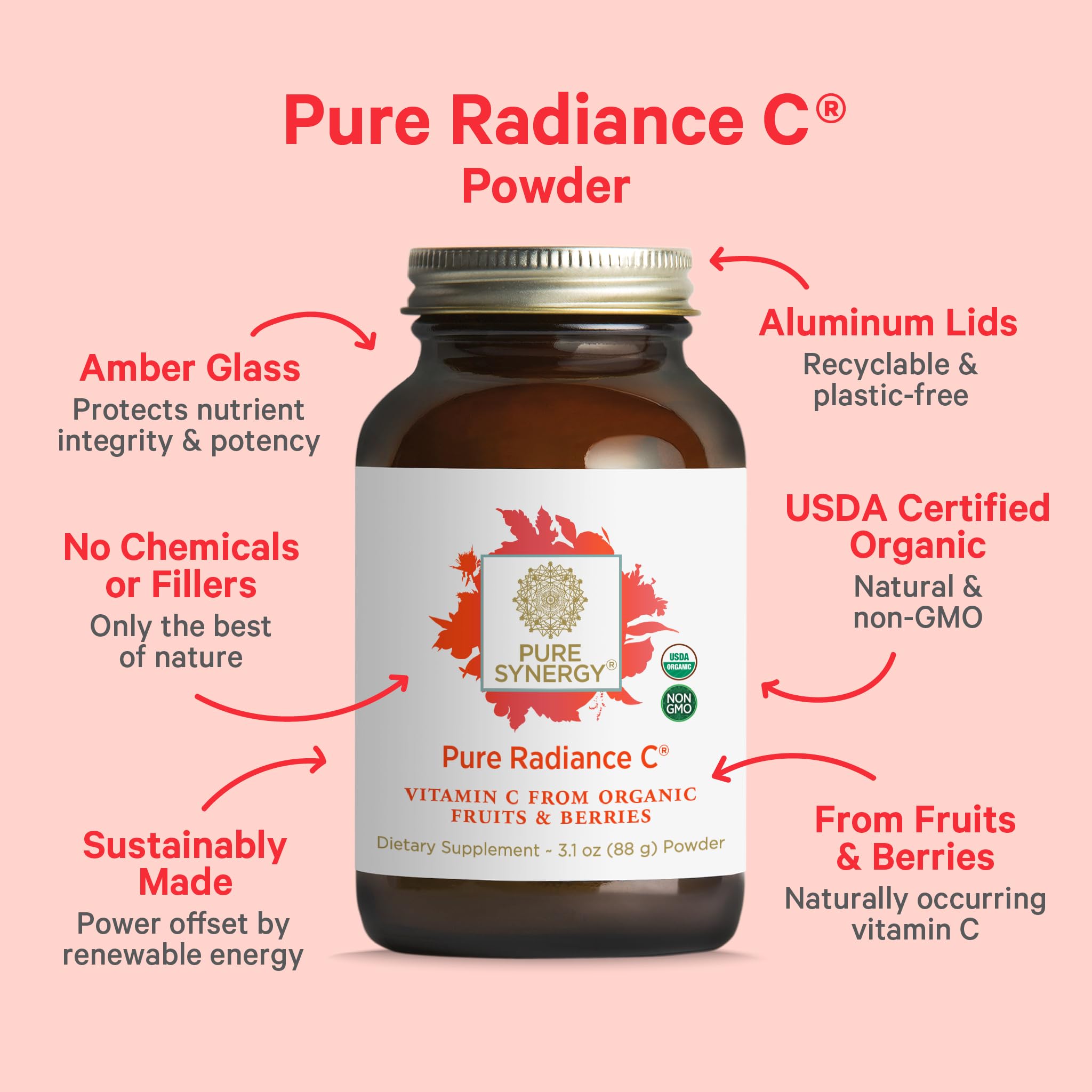 PURE SYNERGY Organic Vitamin C Powder 120g lifestyle scene with glass of juice