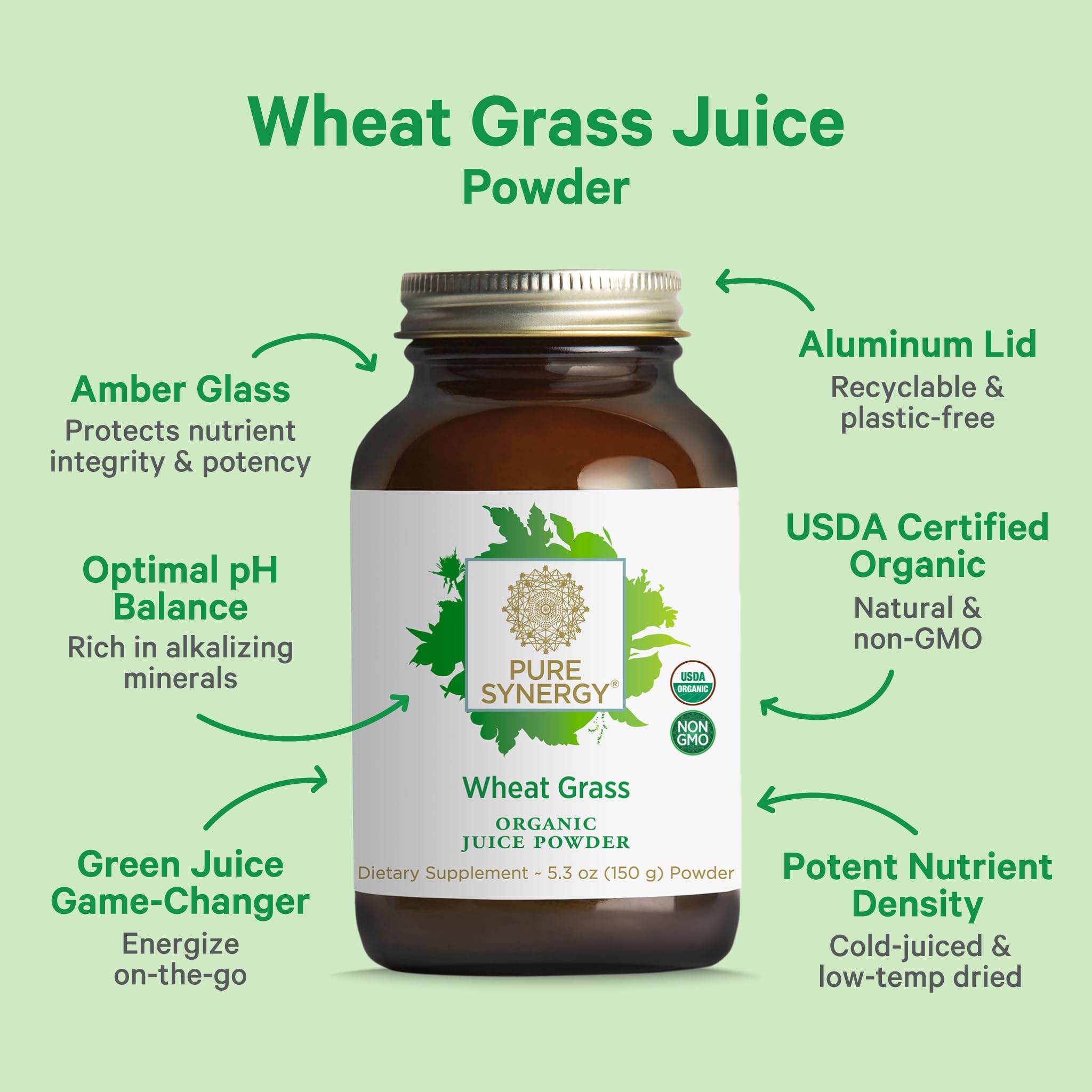 PURE SYNERGY Organic Wheat Grass Juice Powder scoop with powder