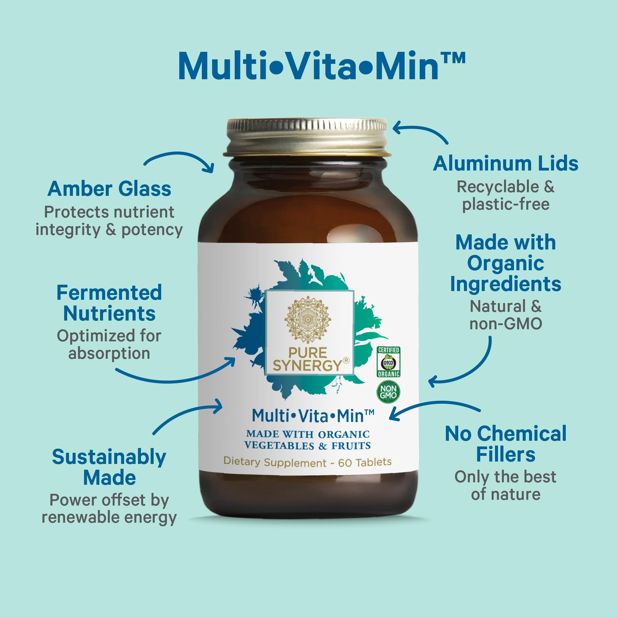 PURE SYNERGY Whole Food Multivitamin tablets on a wooden surface