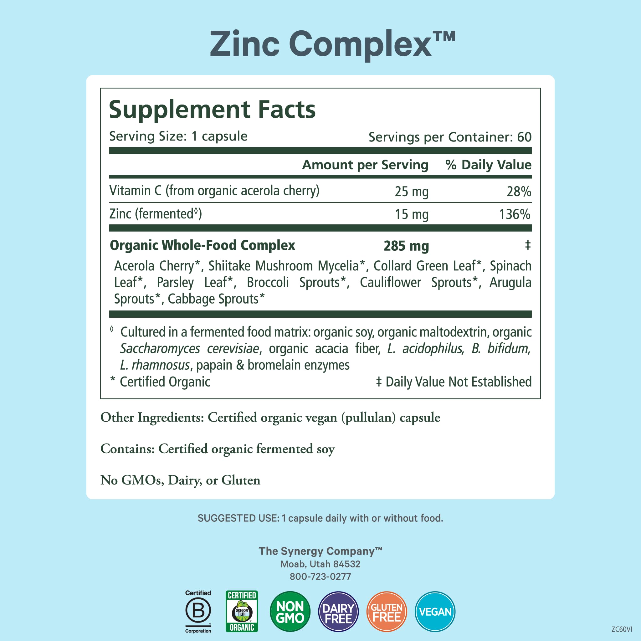 PURE SYNERGY Zinc Supplement bottle with label