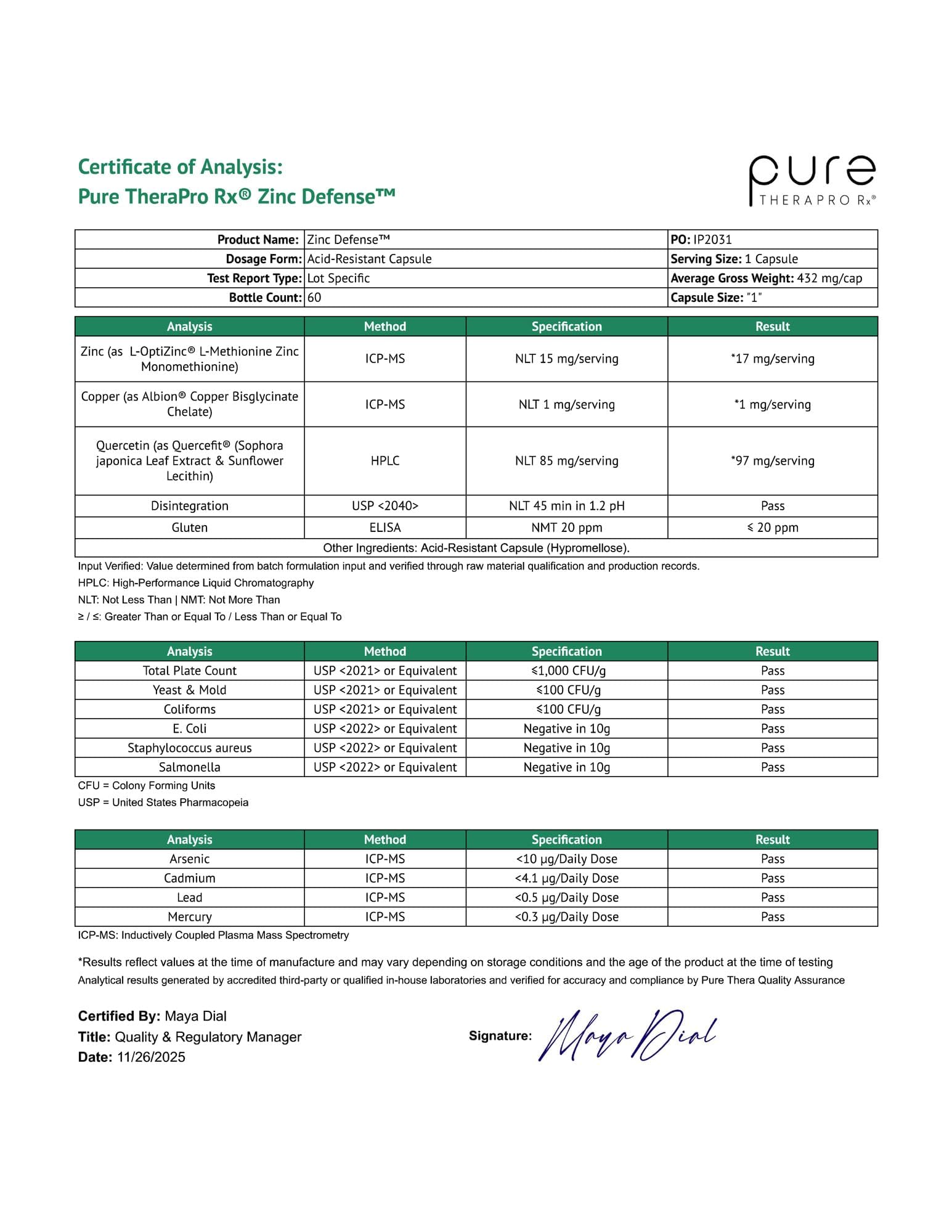 Pure Therapro Rx Zinc Defense supplement packaging details
