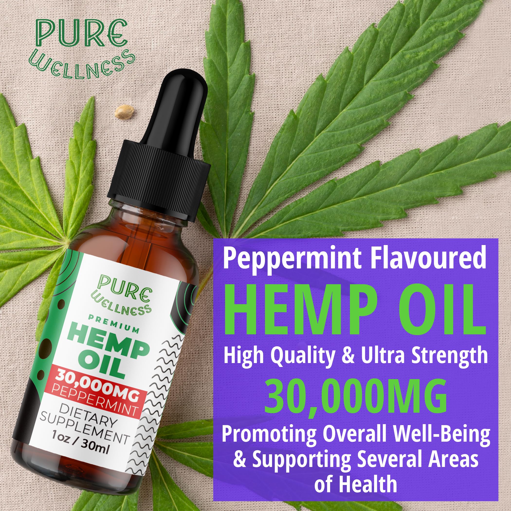 Pure Wellness Organic Hemp Seed Oil 30,000mg lifestyle scene with glass