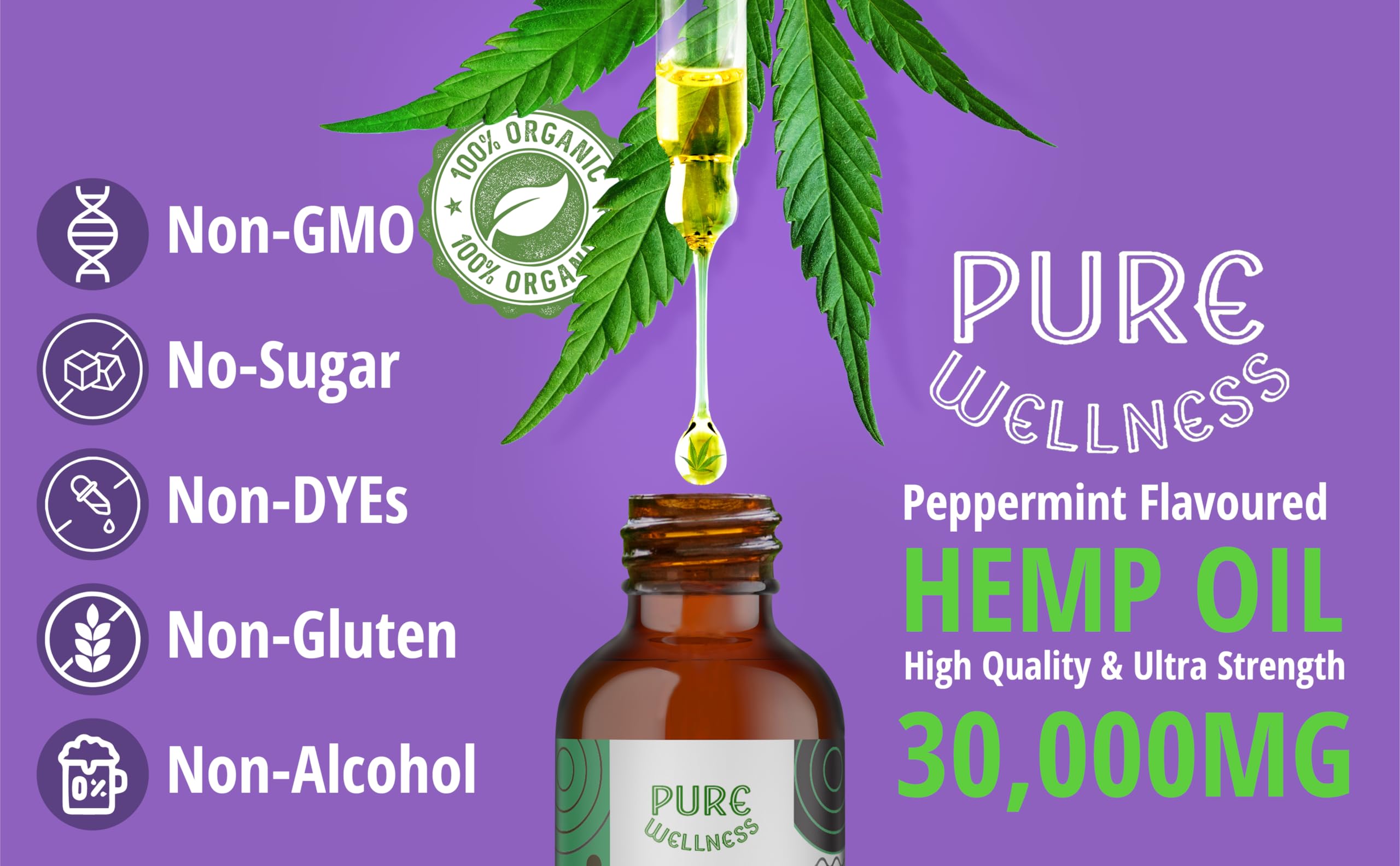 Pure Wellness Organic Hemp Seed Oil 30,000mg packaging with nutritional details