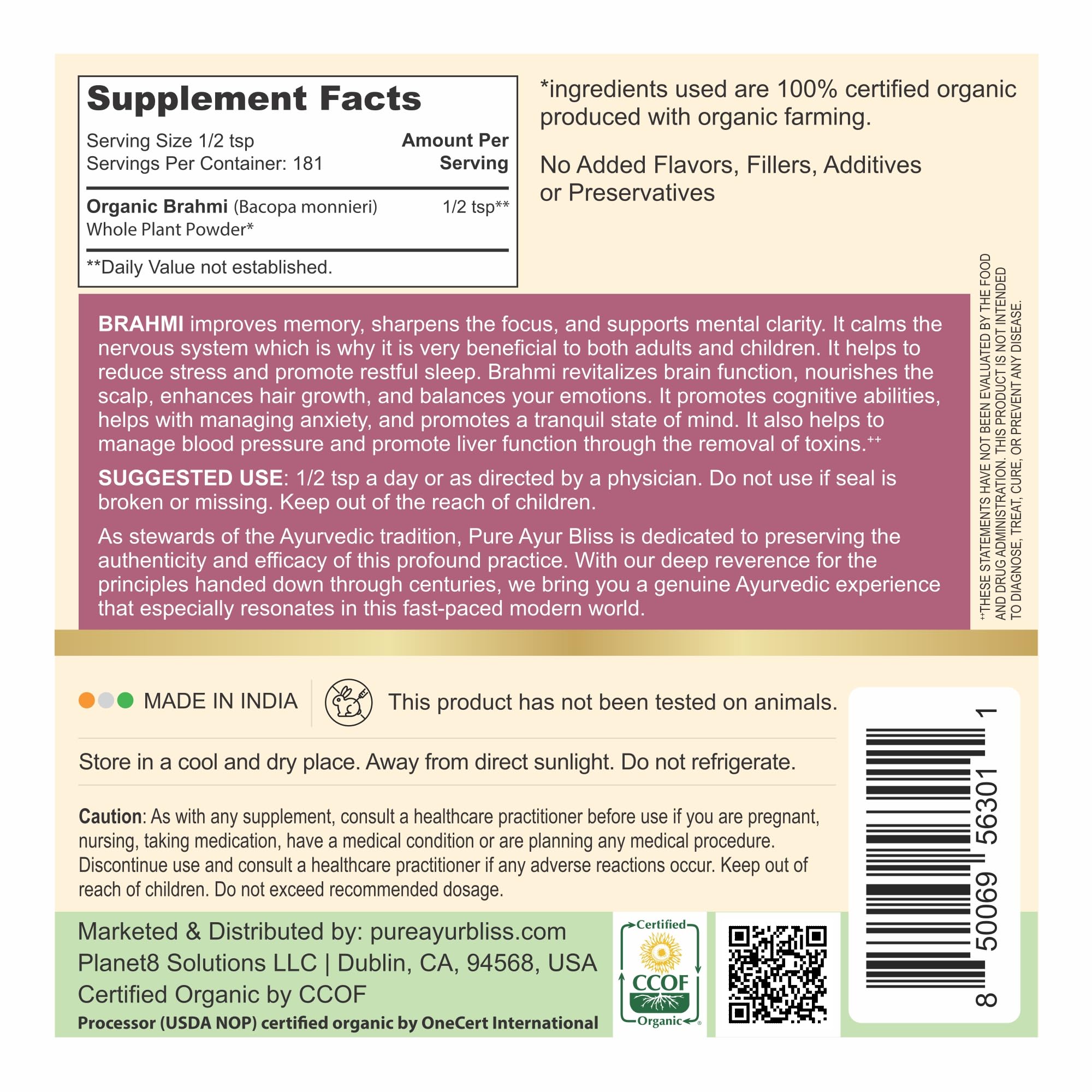 PureAyurbliss Bacopa Monnieri Herbal Supplement side view