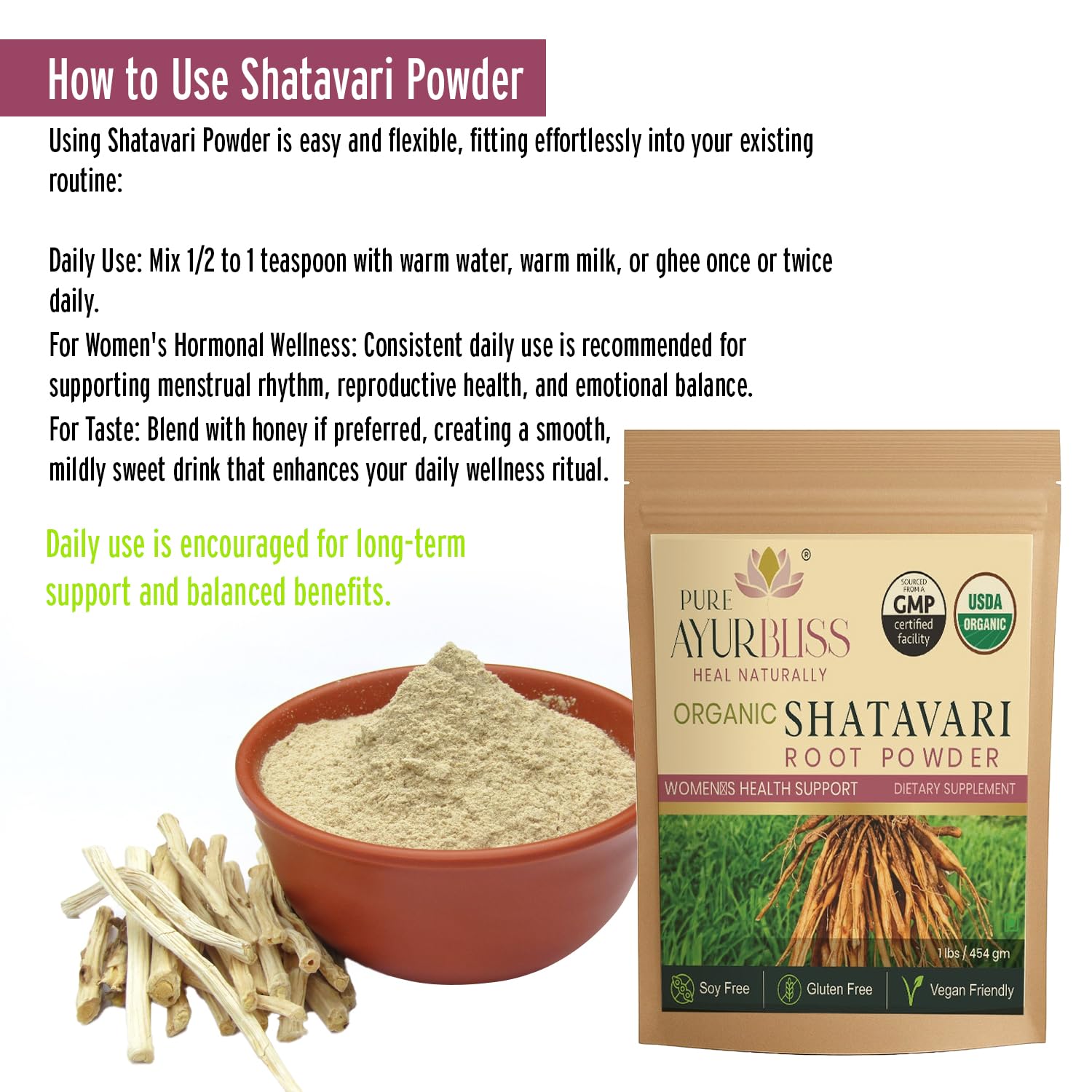 PureAyurbliss Shatavari Powder 454g in a bowl