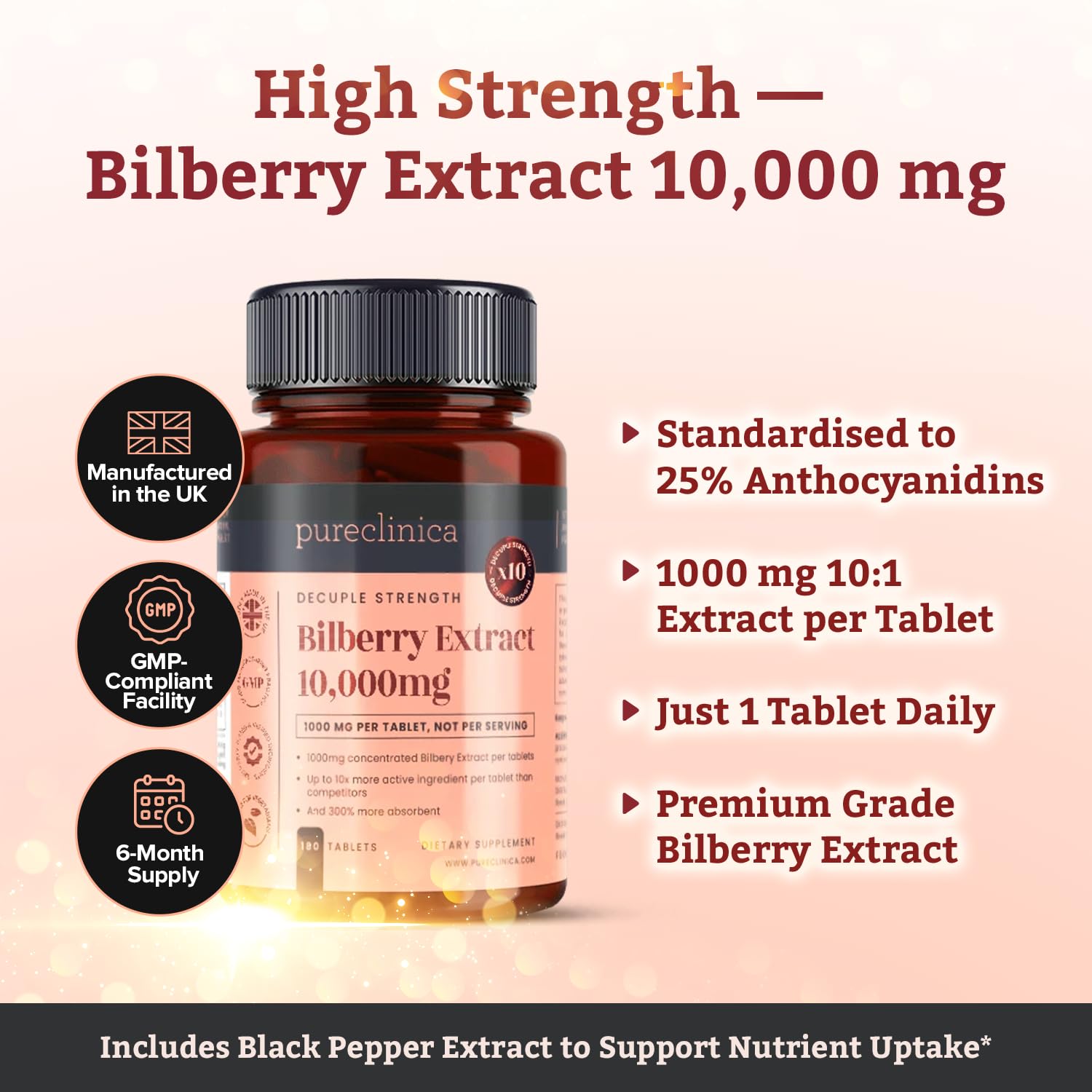 pureclinica Bilberry Extract 1000mg bottle with 180 tablets