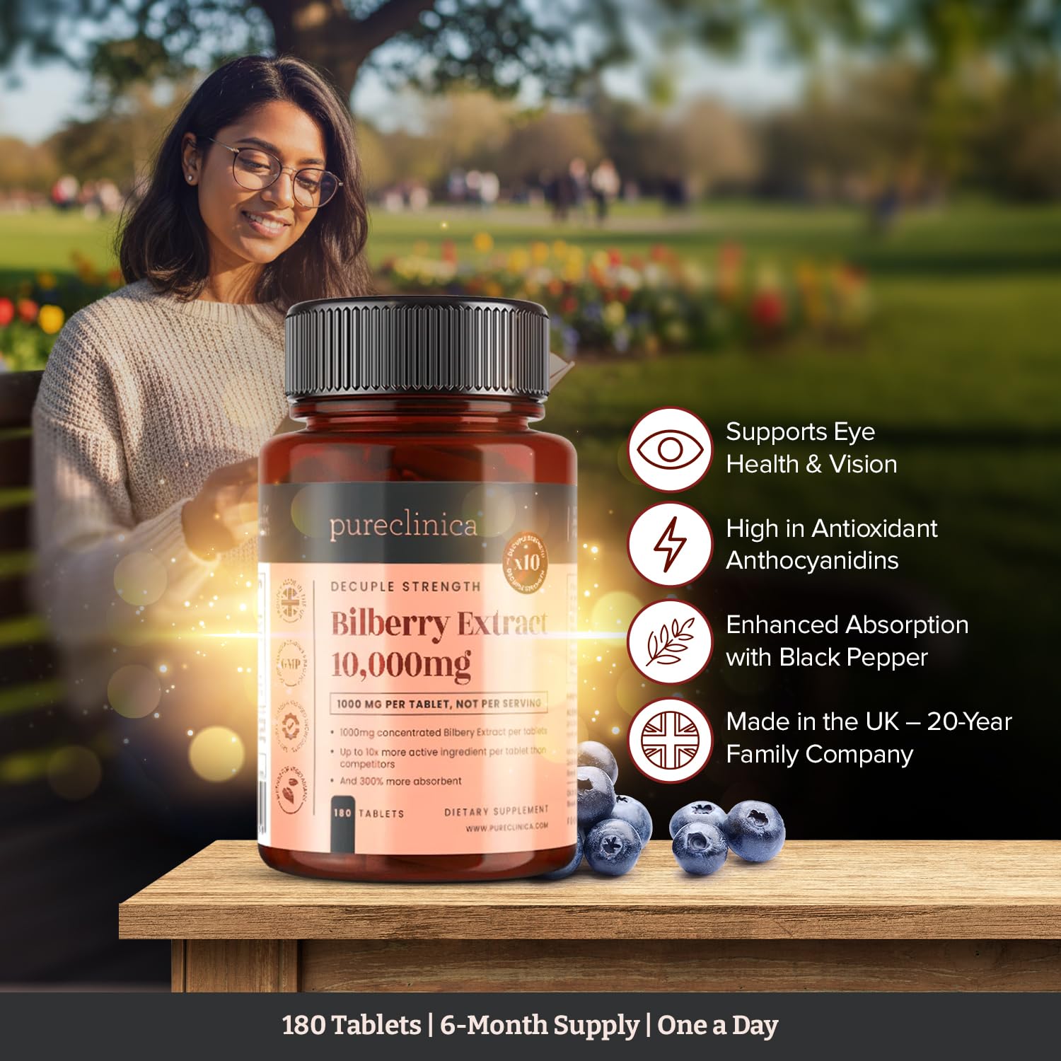 pureclinica Bilberry Extract 1000mg tablet close-up