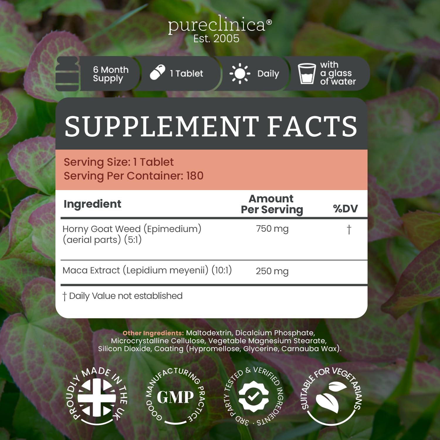 pureclinica Horny Goat Weed 750mg supplement tablet close-up