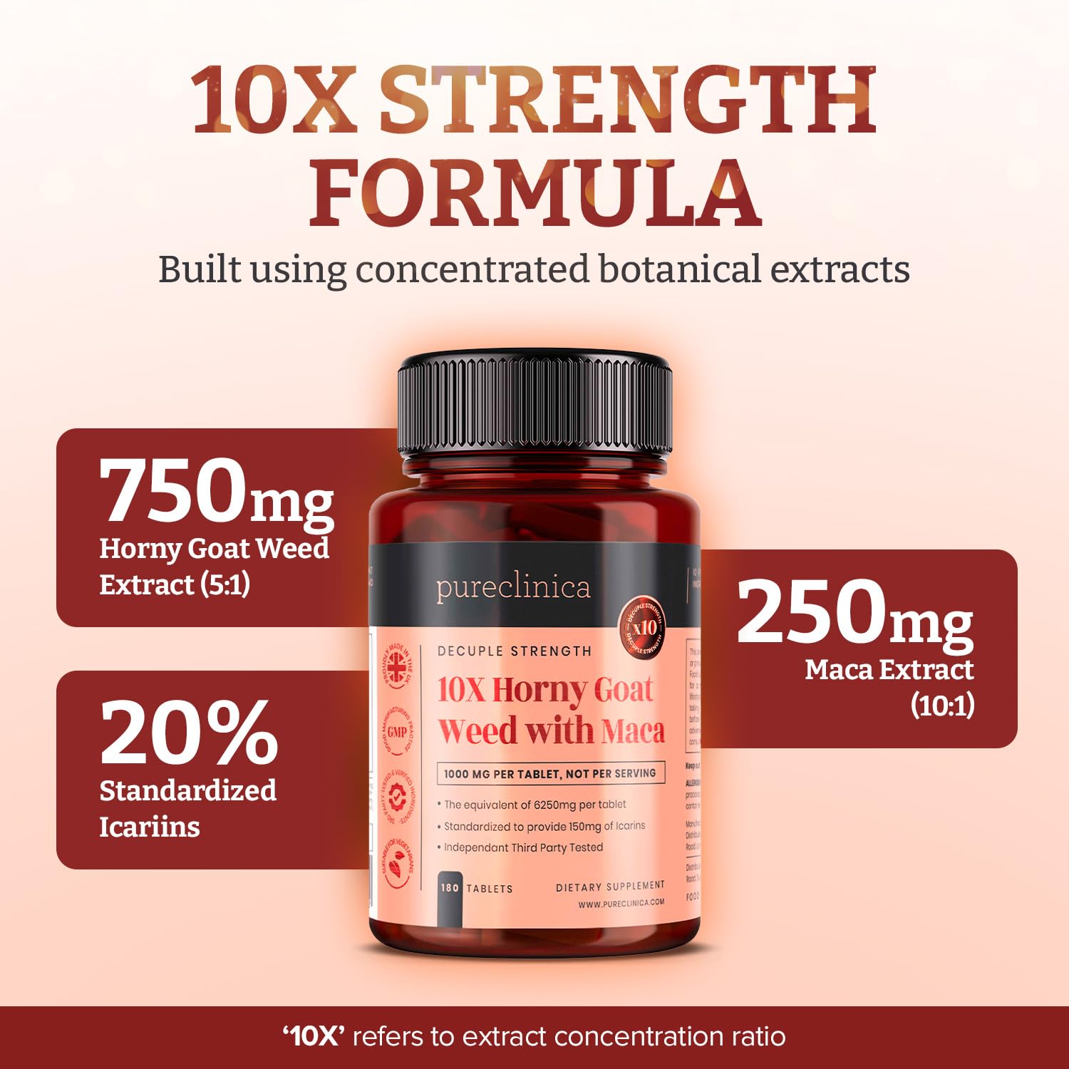 pureclinica Horny Goat Weed 750mg supplement tablet on a wooden surface