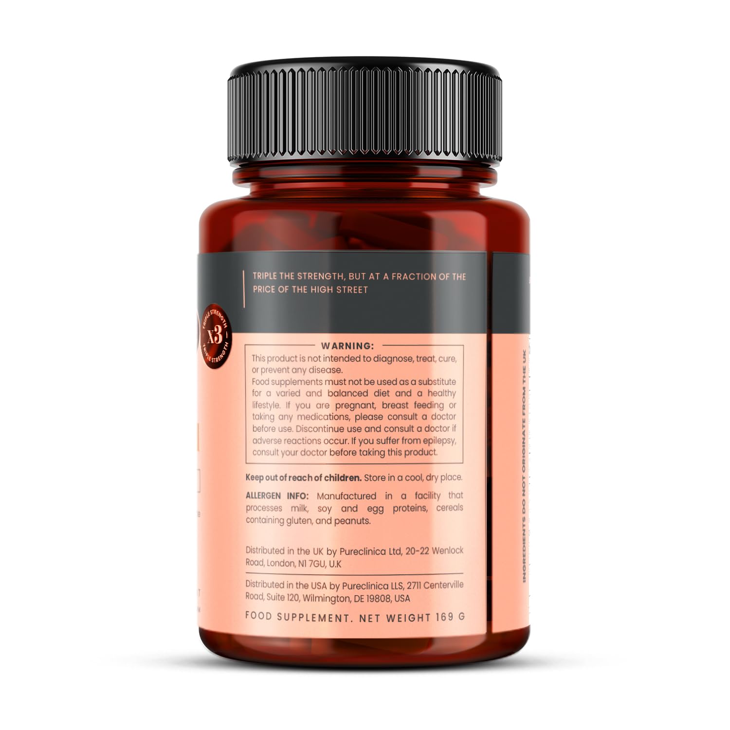 pureclinica Hyaluronic Acid 300mg supplement bottle back view
