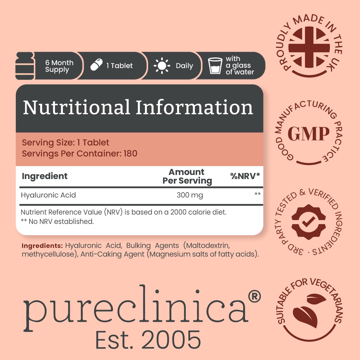 pureclinica Hyaluronic Acid 300mg supplement tablets close-up