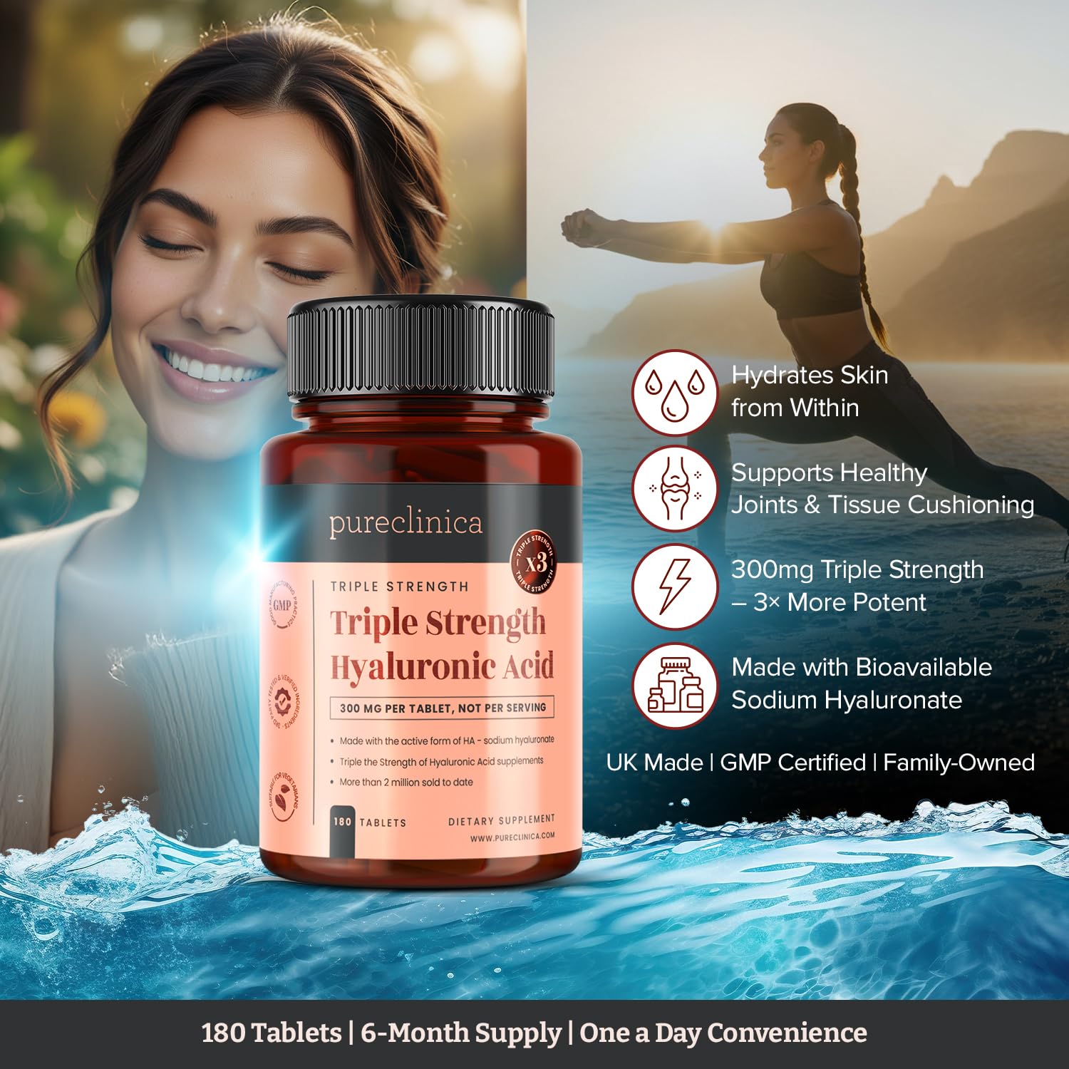 pureclinica Hyaluronic Acid 300mg supplement tablets on a table