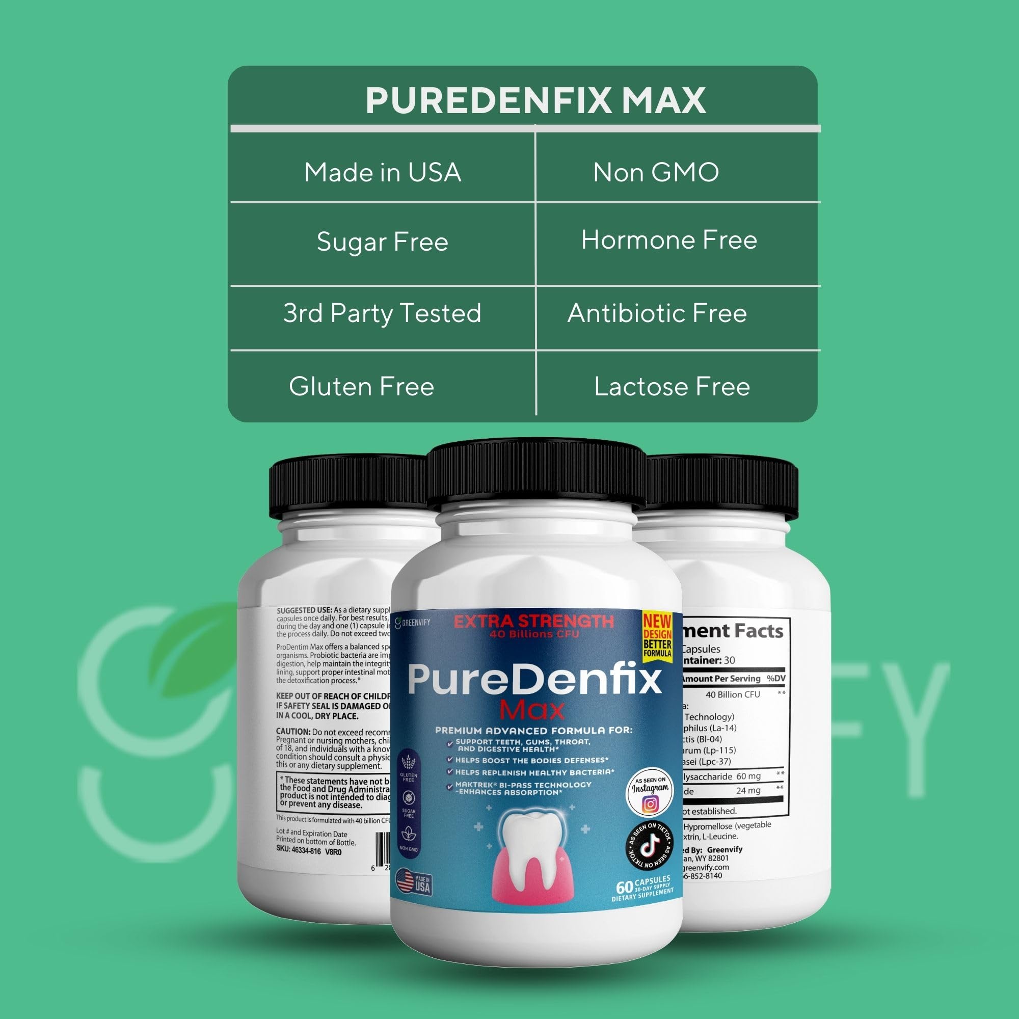PureDenfix Max Advanced Probiotic 40 Billion CFU capsules on a table