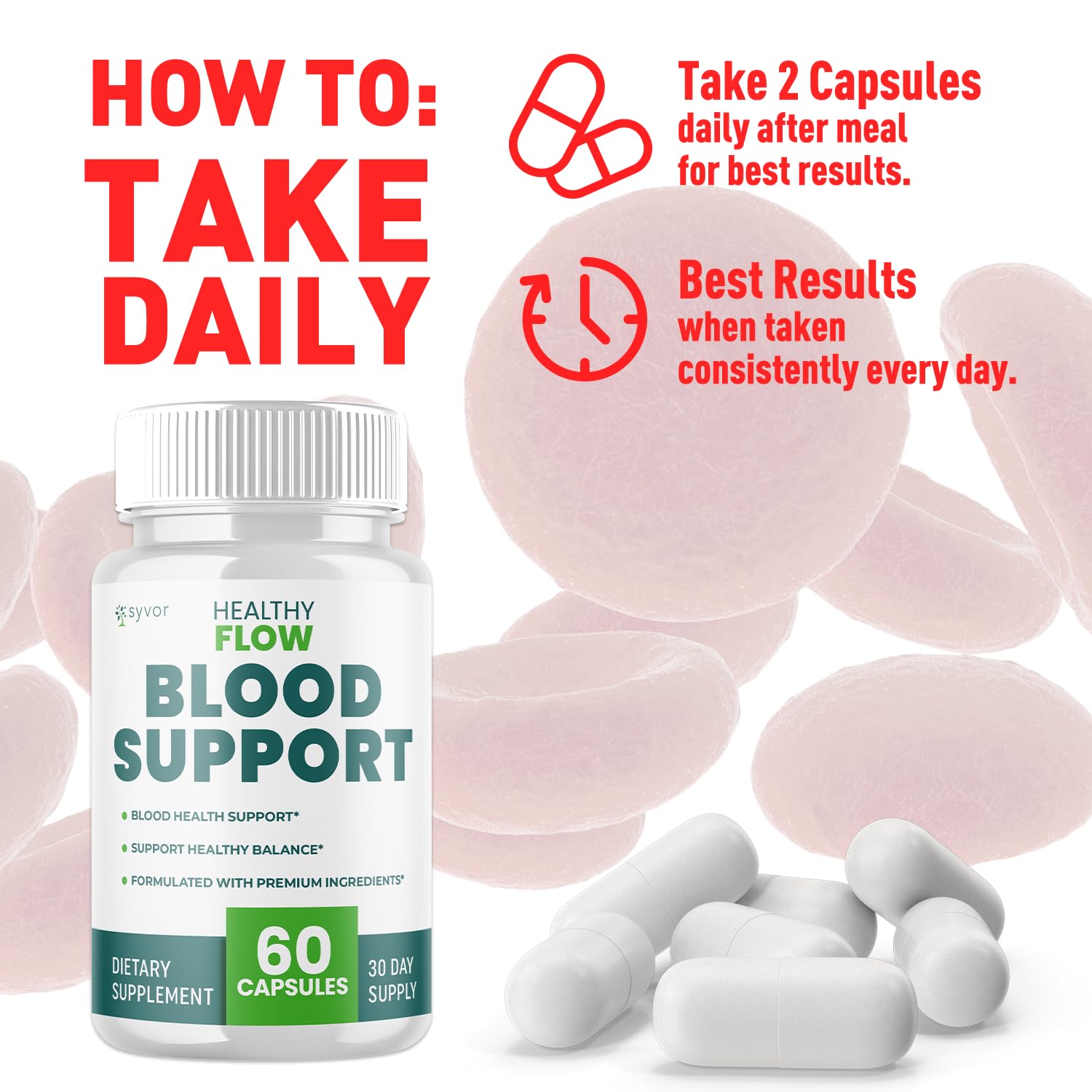 PureFight4U Healthy Flow Blood Capsules bottle on a wooden table