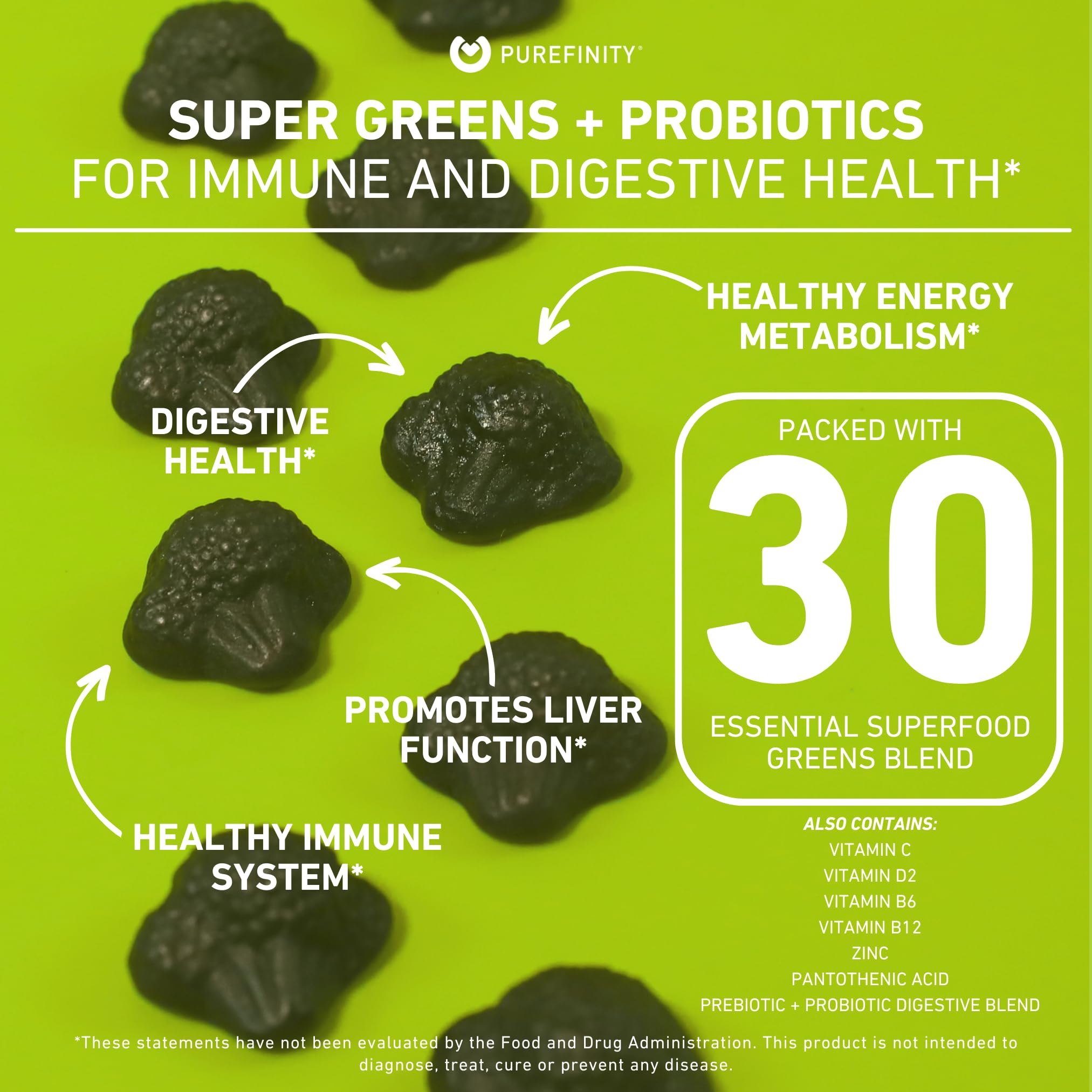 PUREFINITY Super Greens Gummies side view with nutritional information