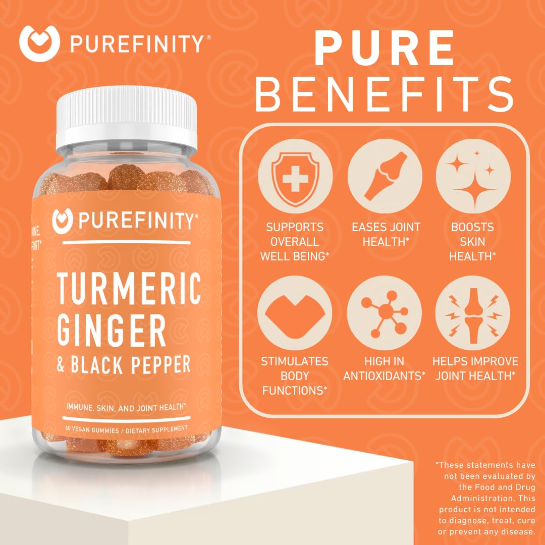 PUREFINITY Turmeric Ginger Gummies side view with nutritional information