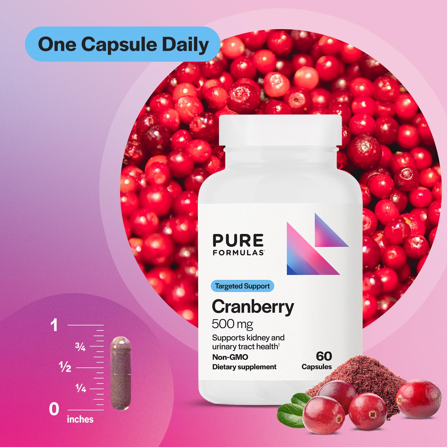 PureFormulas Cranberry 500 mg Capsules on a wooden table