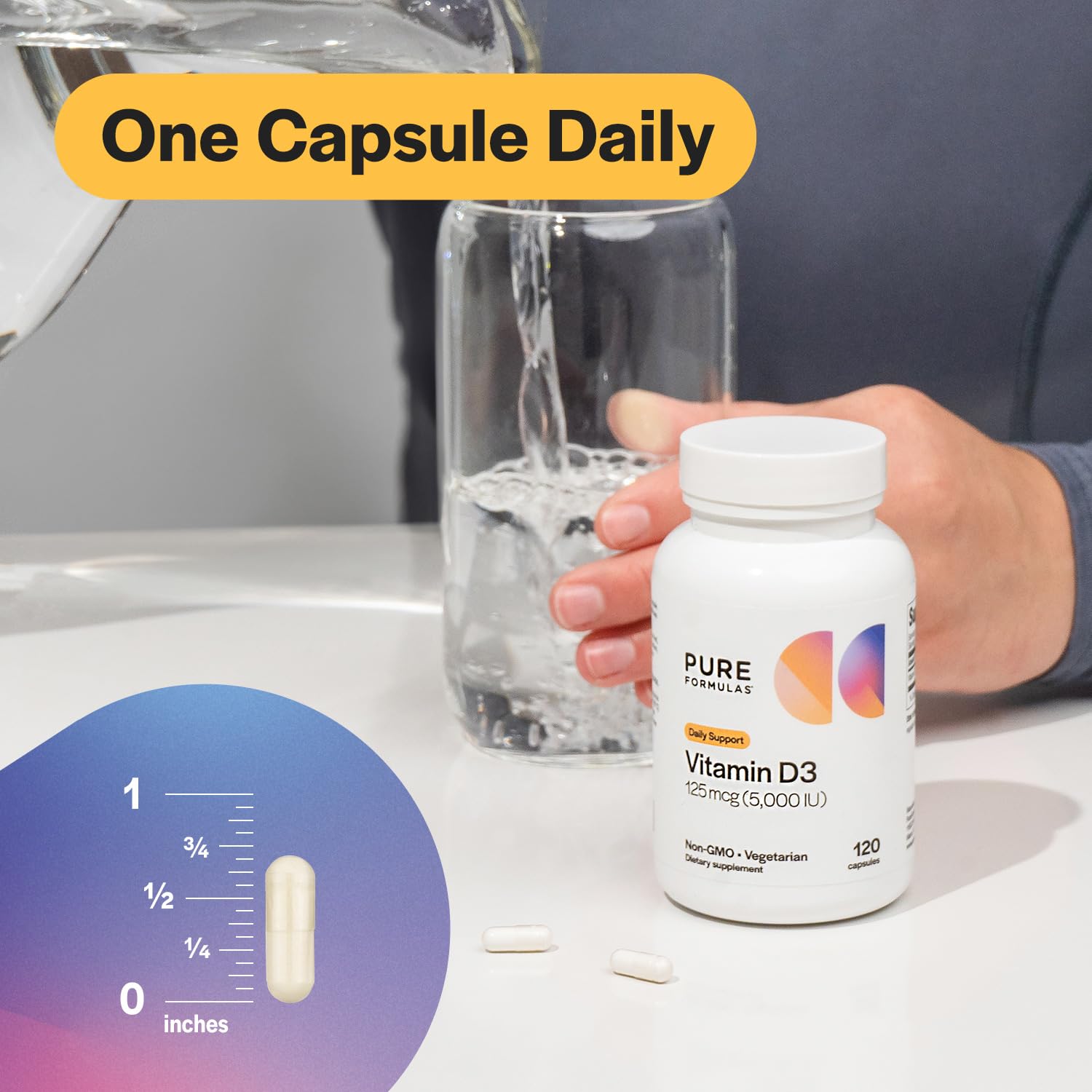 PureFormulas Vitamin D3 5000 IU capsules on a wooden surface