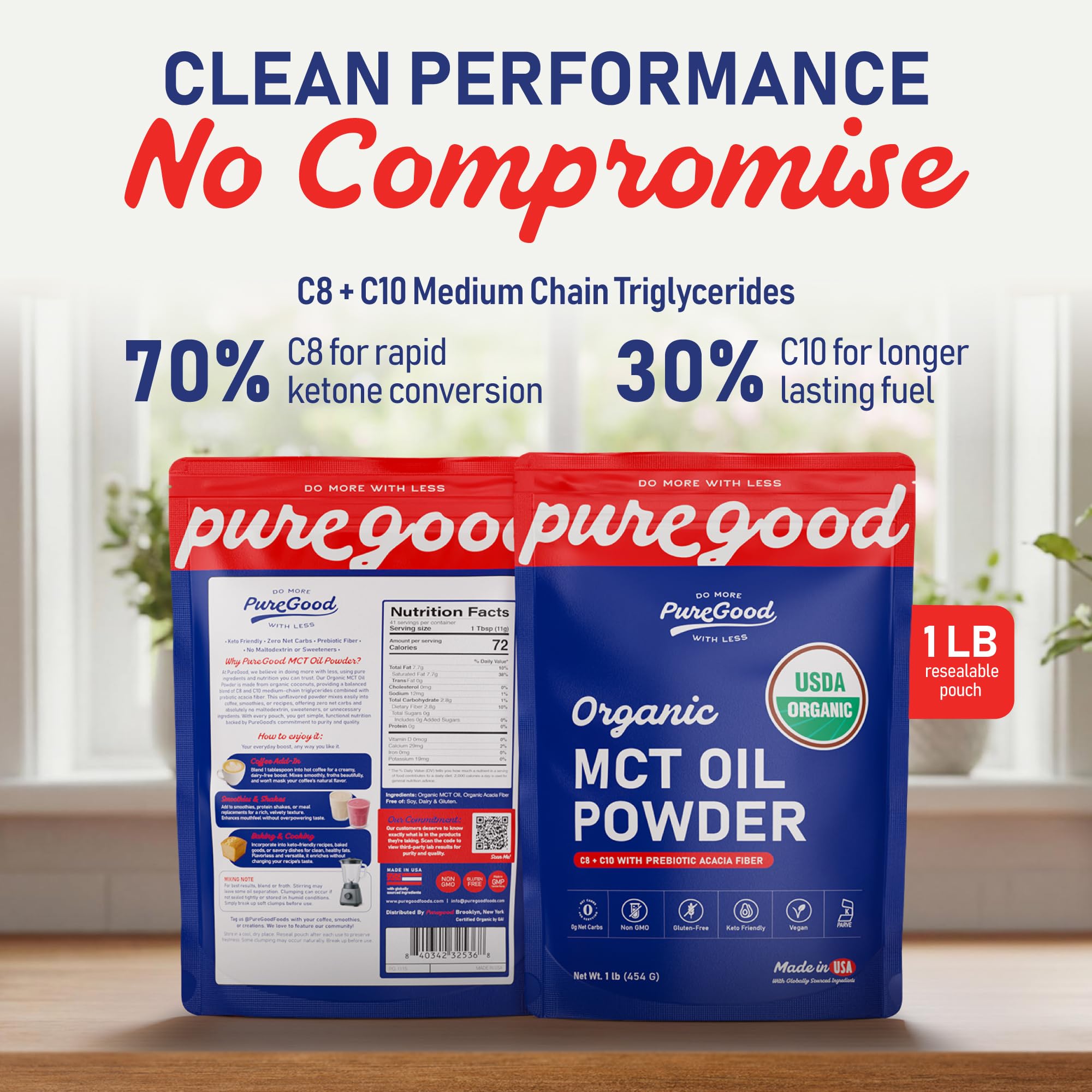 PureGood Organic MCT Oil Powder back view with nutritional information